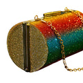 Runde Clutch mit Strassverlauf in Regenbogenfarben – auffällig, luxuriös, formstark