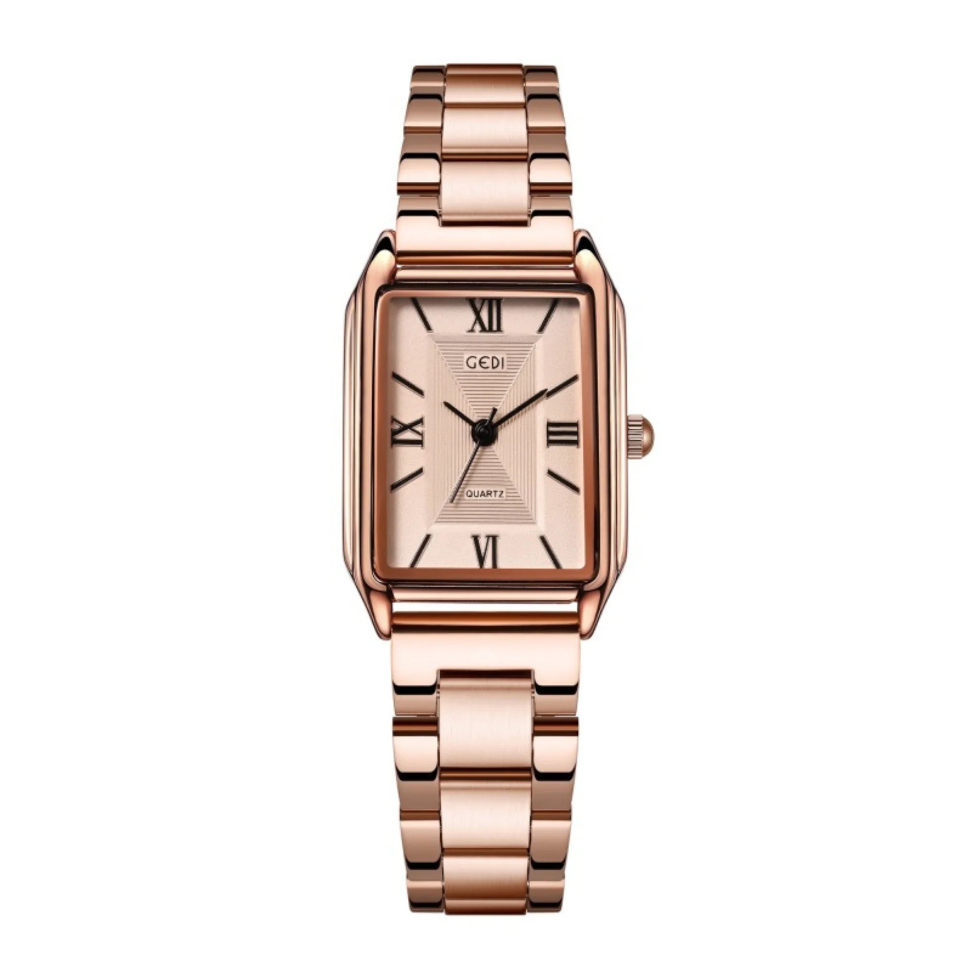 Uhr mit rechteckigem Gehäuse in Roségold und römischen Zahlen auf hellem Zifferblatt.