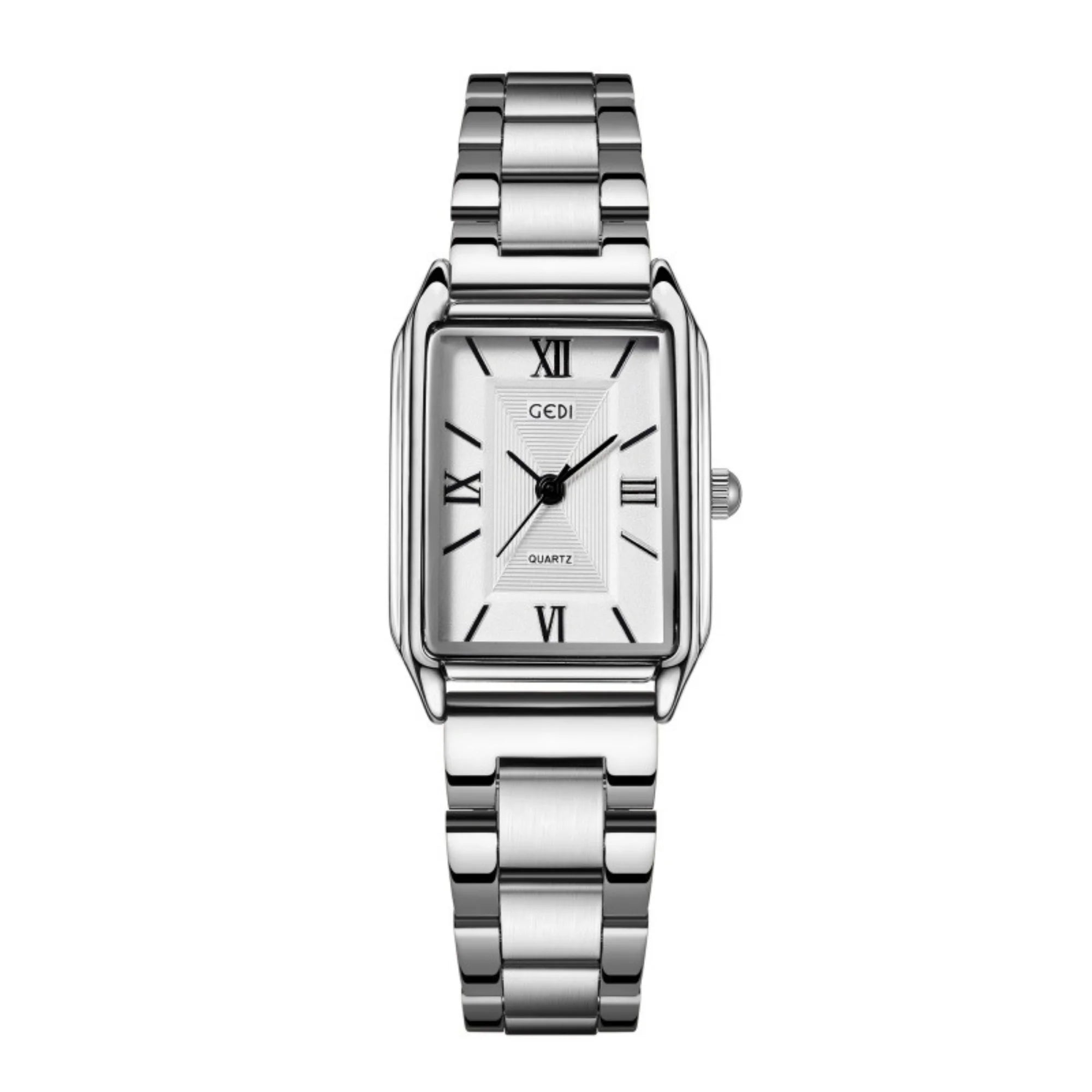 Rechteckige Uhr in Silber mit klassischem Gliederarmband und römischen Indizes.