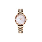 Roségoldene Uhr mit glänzendem Metallarmband und Zifferblatt in Perlmuttoptik.