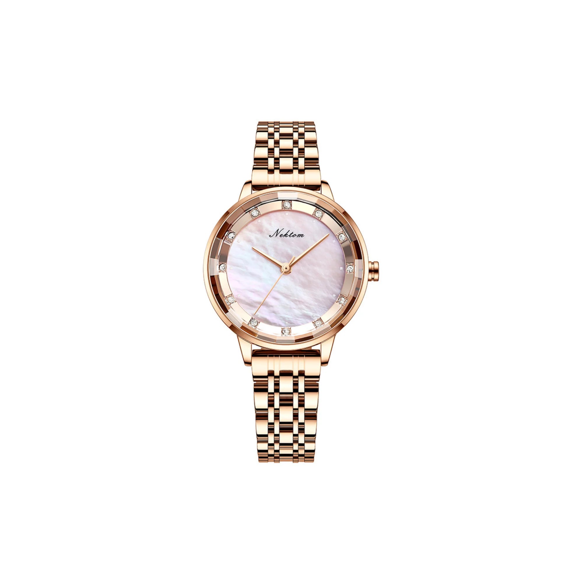 Roségoldene Uhr mit glänzendem Metallarmband und Zifferblatt in Perlmuttoptik.