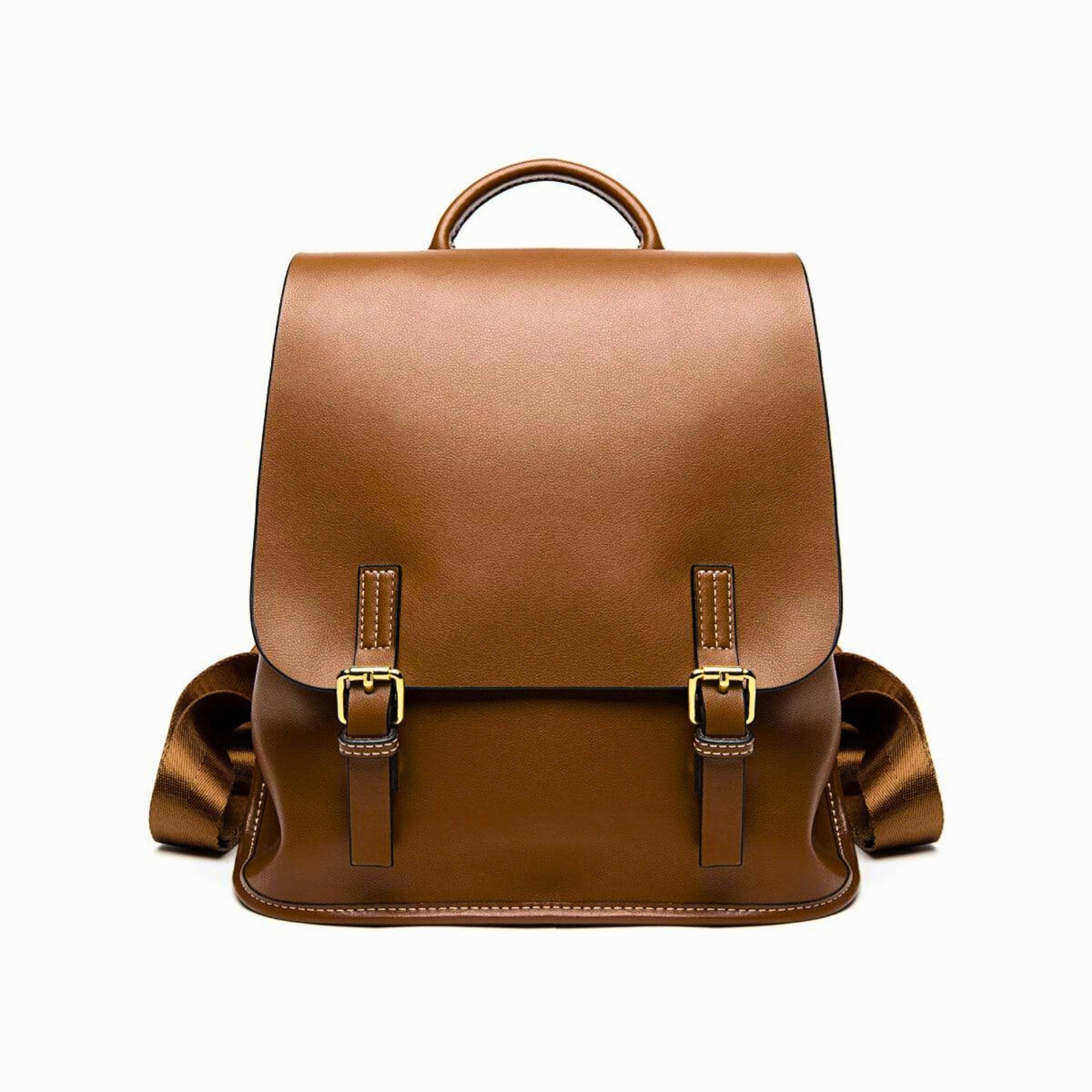 lederrucksack – frontansicht chestnut brown mit schnallen