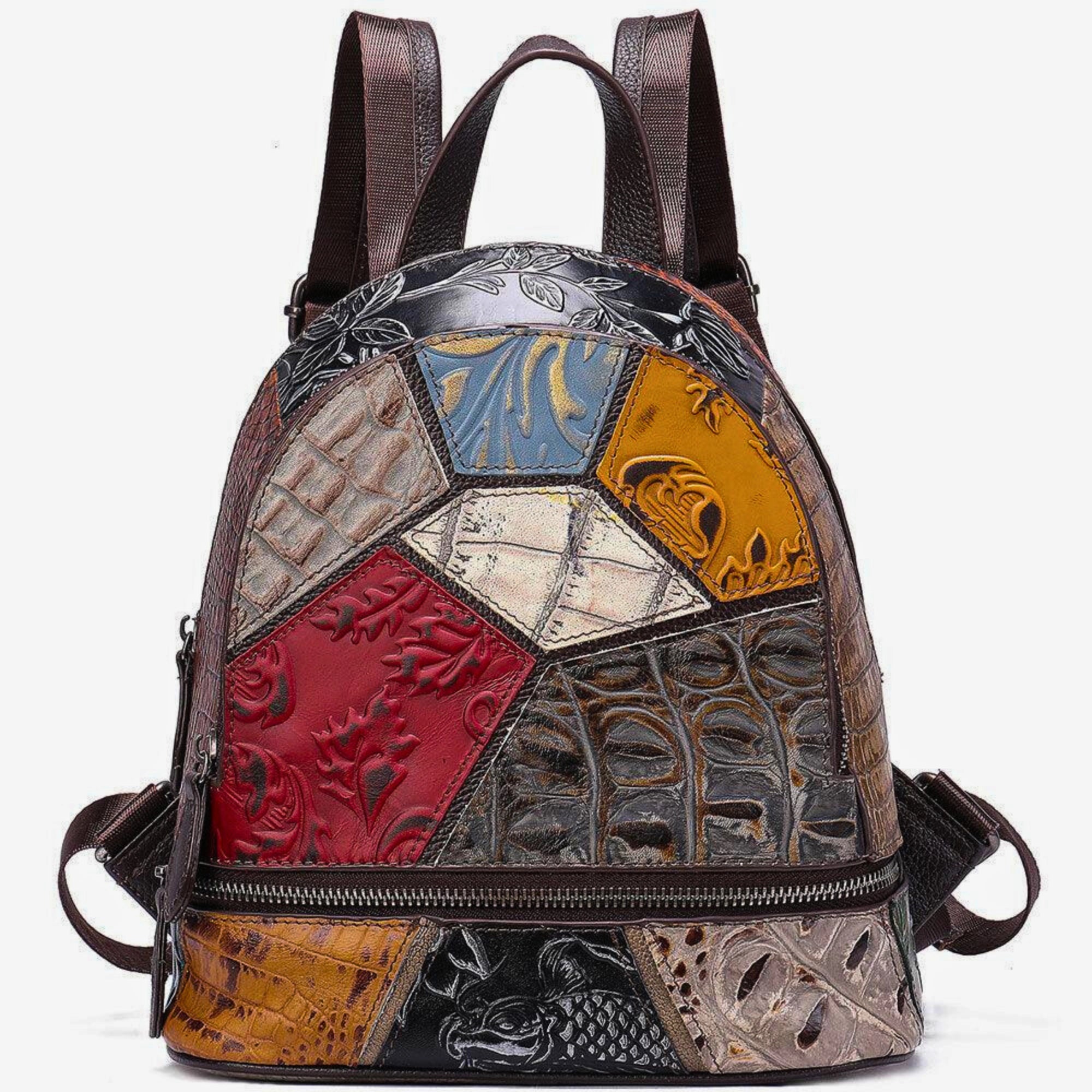 Rucksack Retro Contrast aus geprägtem Echtleder – kräftige Farben, strukturierte Details und Patch-Optik.