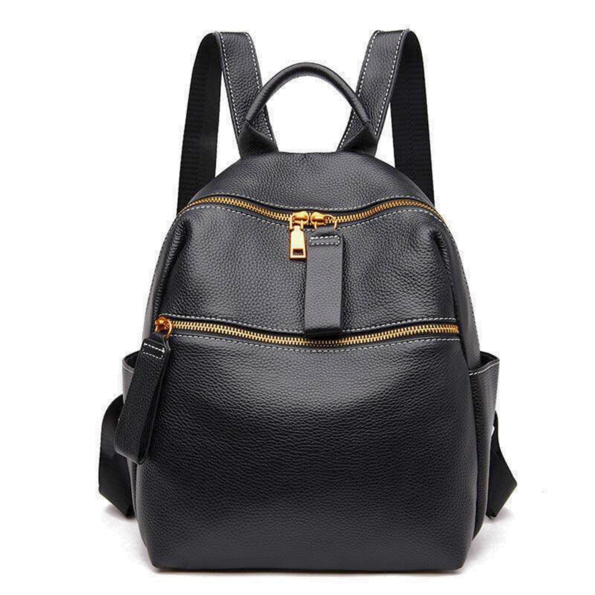 Urban Black Rucksack aus strukturiertem Echtleder – kompaktes Design mit goldfarbenen Reissverschlüssen.