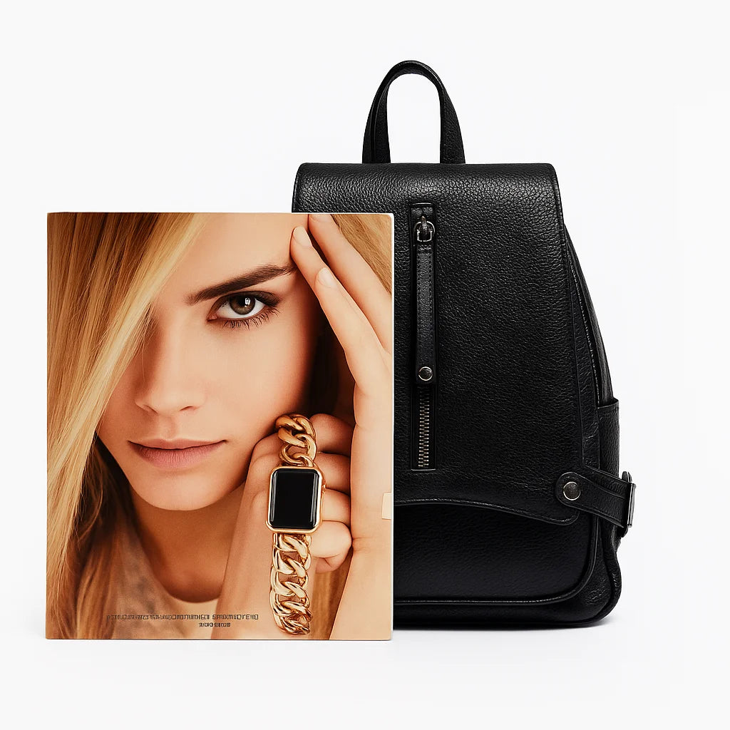 Urban Black Rucksack mit Magazin als Grössenvergleich – zeigt Format für iPad, Notizbuch & Essentials.