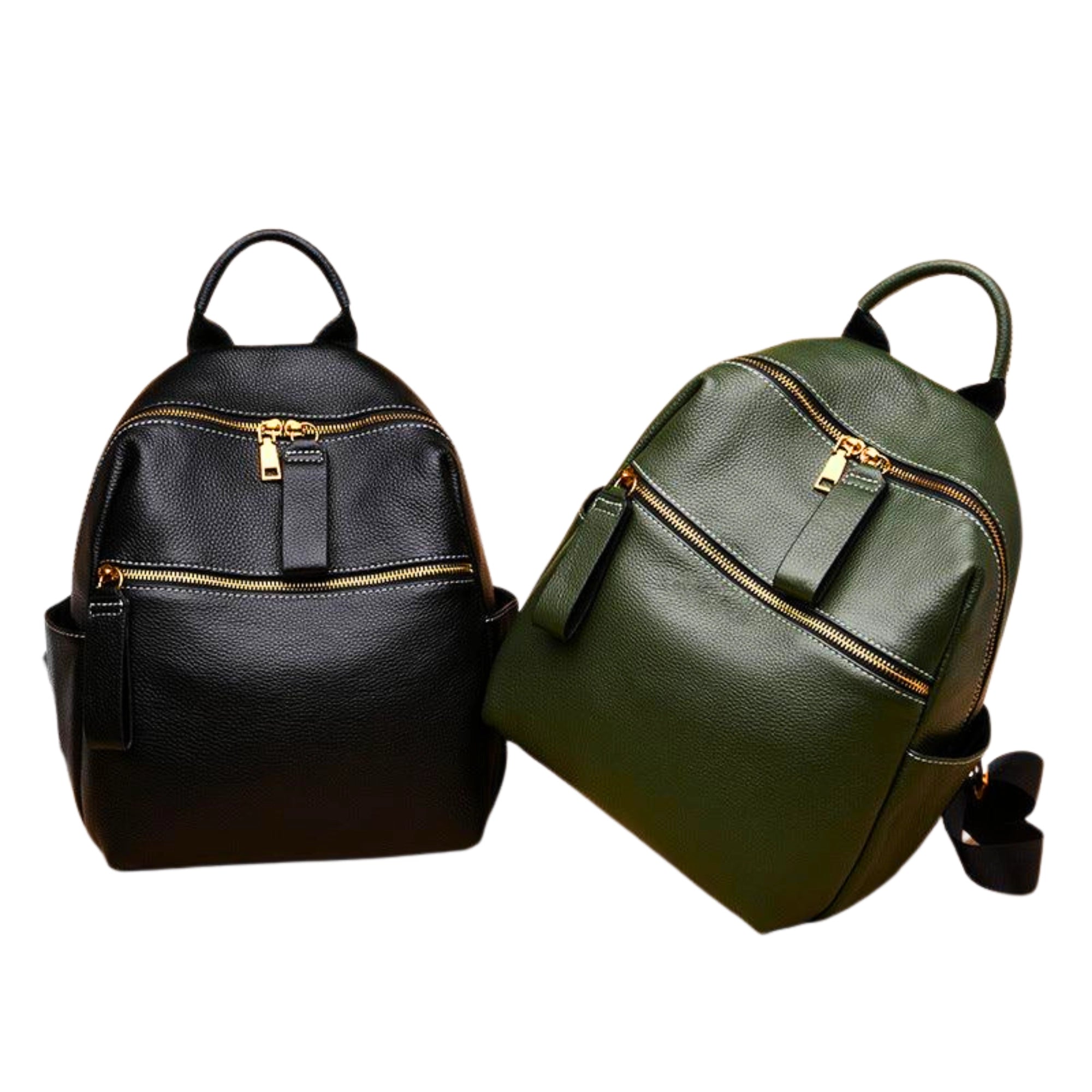 Rucksäcke in Urban Black und Deep Forest nebeneinander – idealer Vergleich von Stil und Farbe.