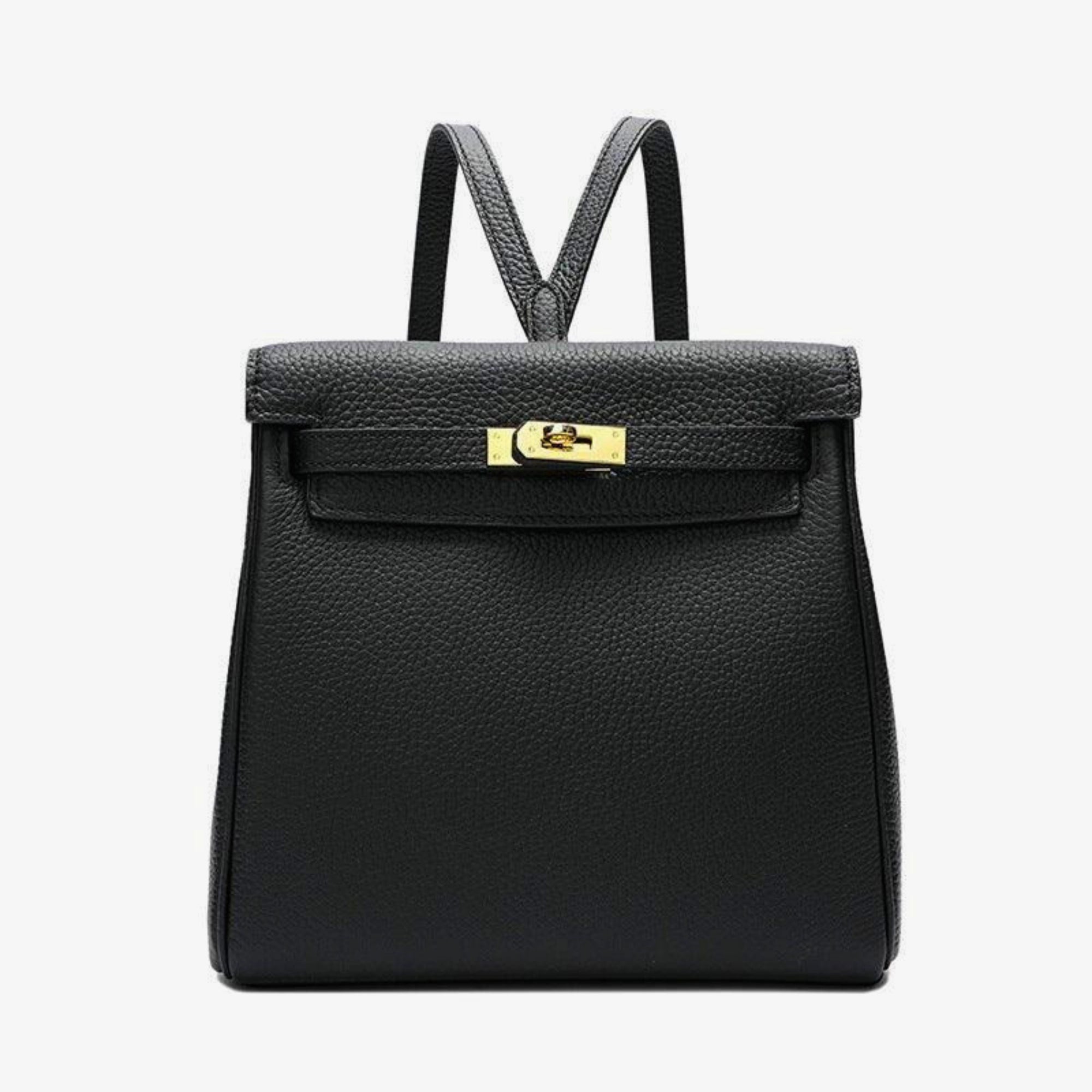 Schwarzer Leder-Rucksack für Damen – strukturiert, markenfrei und mit goldfarbenem Drehverschluss.