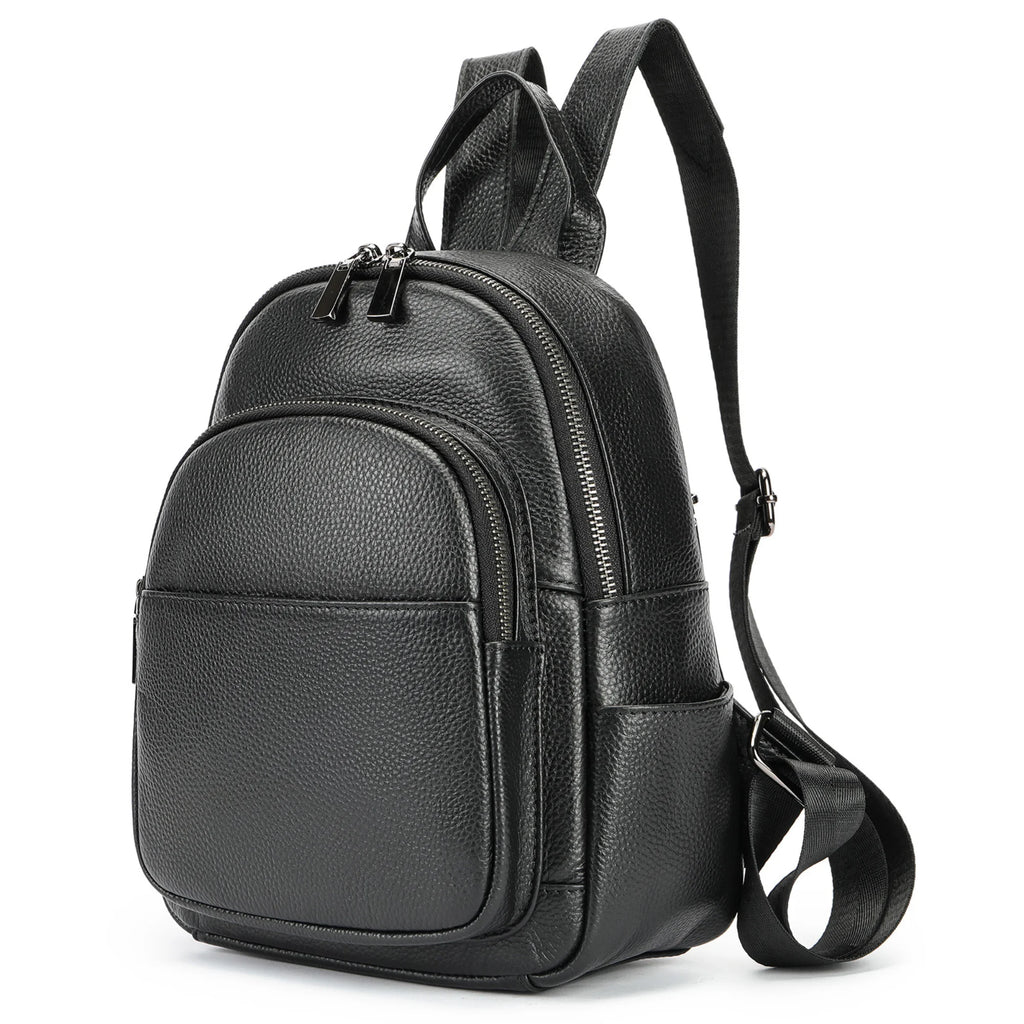 lederrucksack – frontansicht obsidian shine metallschnallen