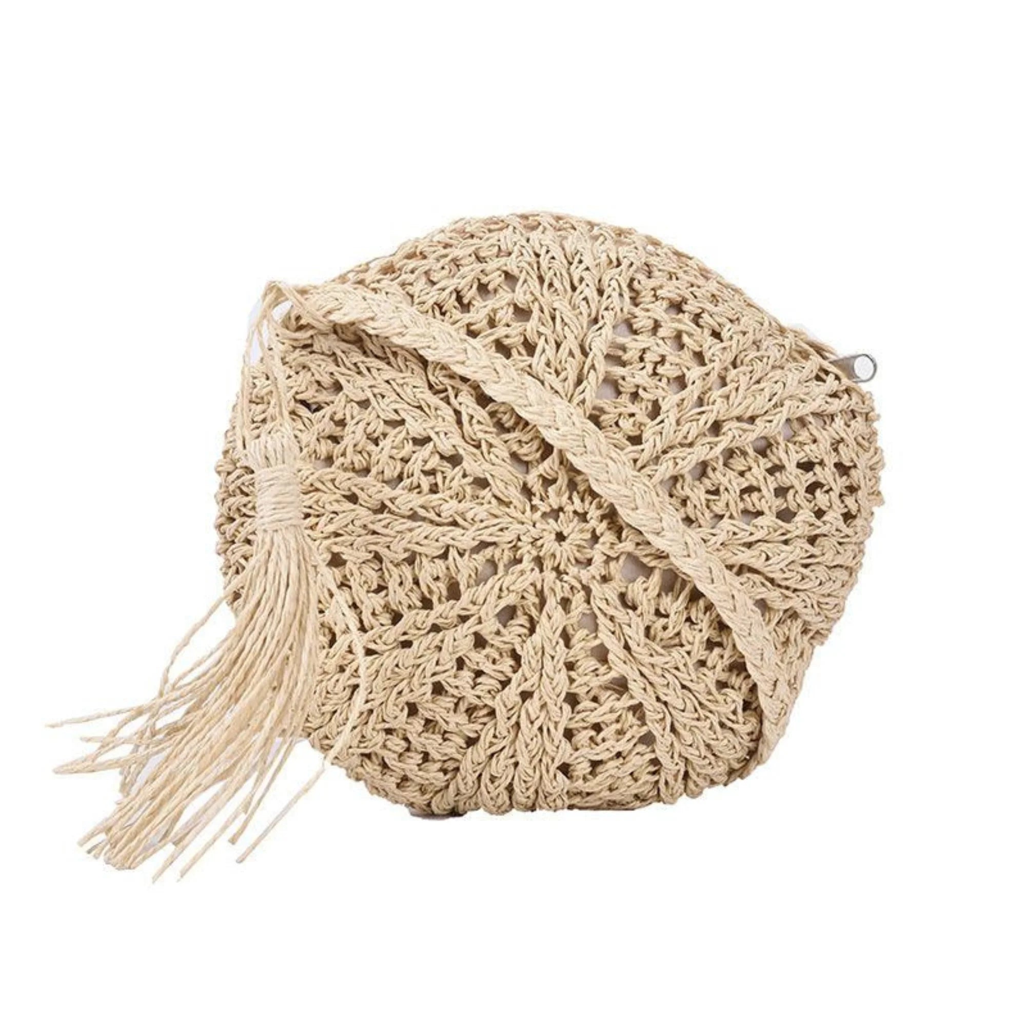 Kleine runde Strohtasche in Sand Beige mit geflochtenem Riemen und strukturiertem Häkelmuster