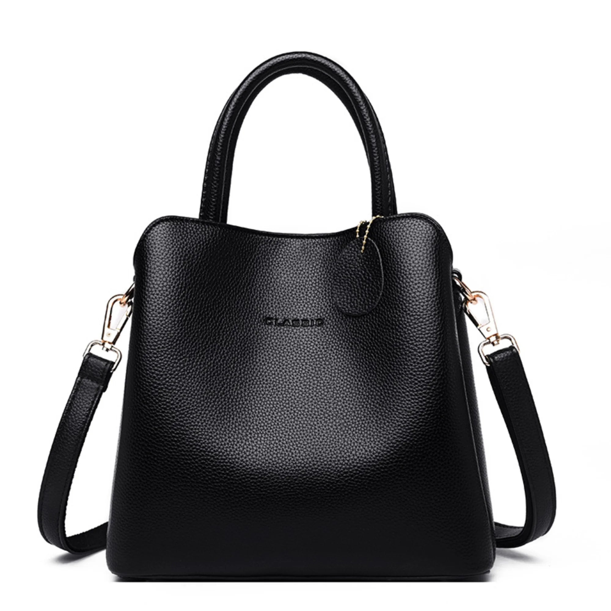 Schwarze Schultertasche mit Litchi-Struktur – formstabil getragen zum Business-Outfit