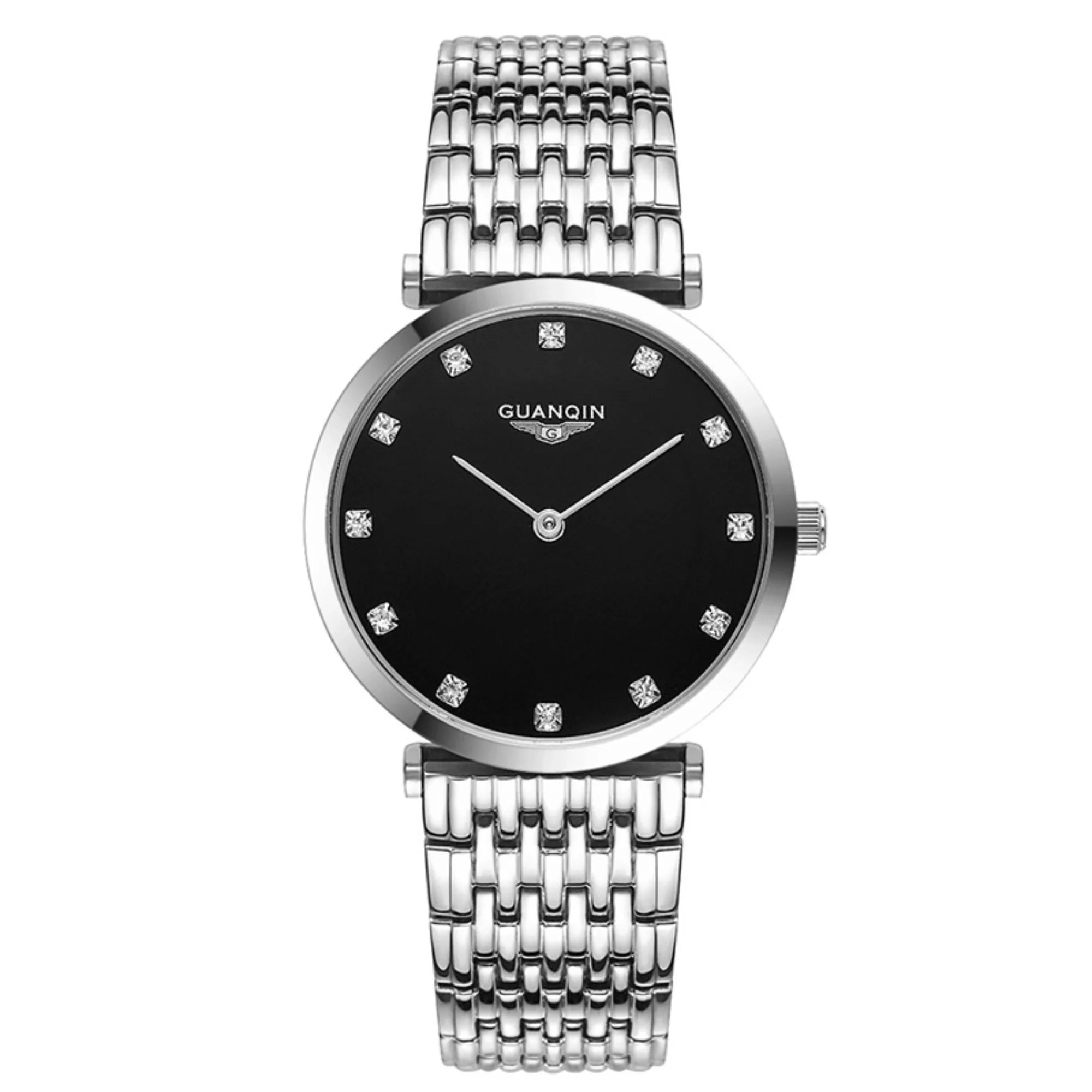 Armbanduhr mit schwarzem Zifferblatt und Strass als Index, silbernes Metallarmband.