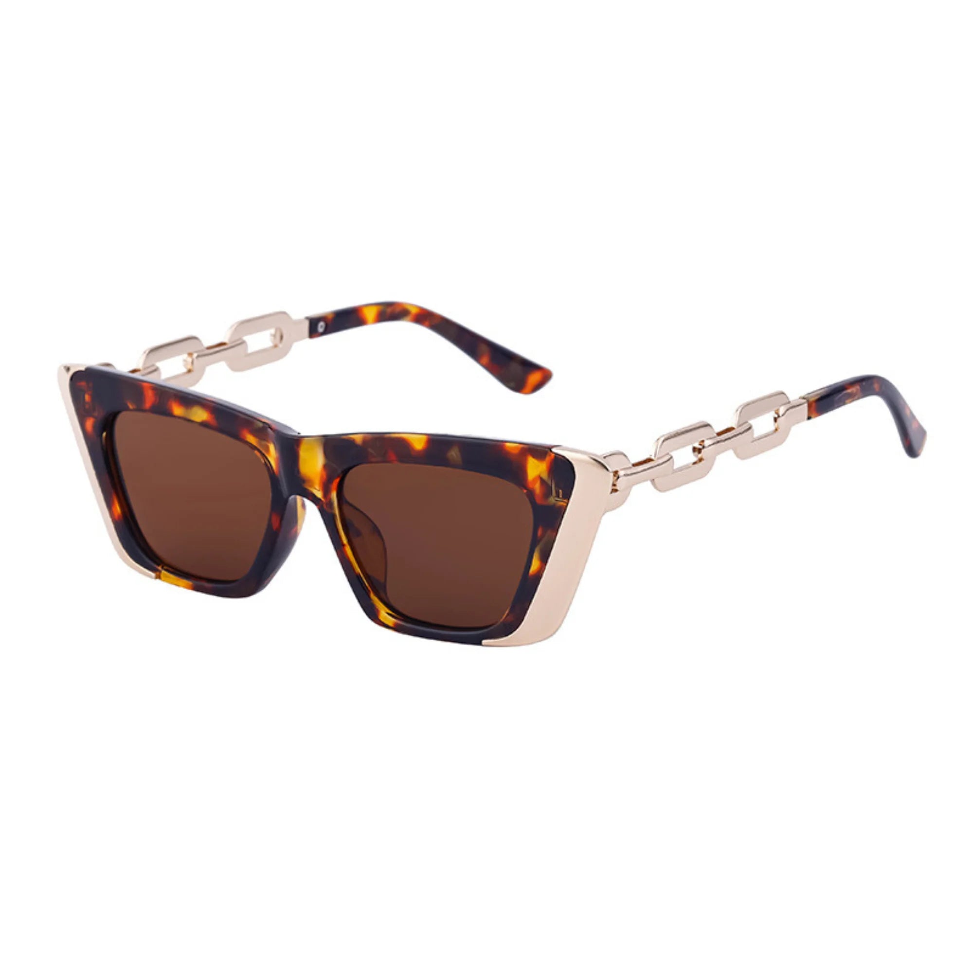 Schildpatt-Brille mit braunen Gläsern und goldener Kette – rechteckig, blockig, logofrei