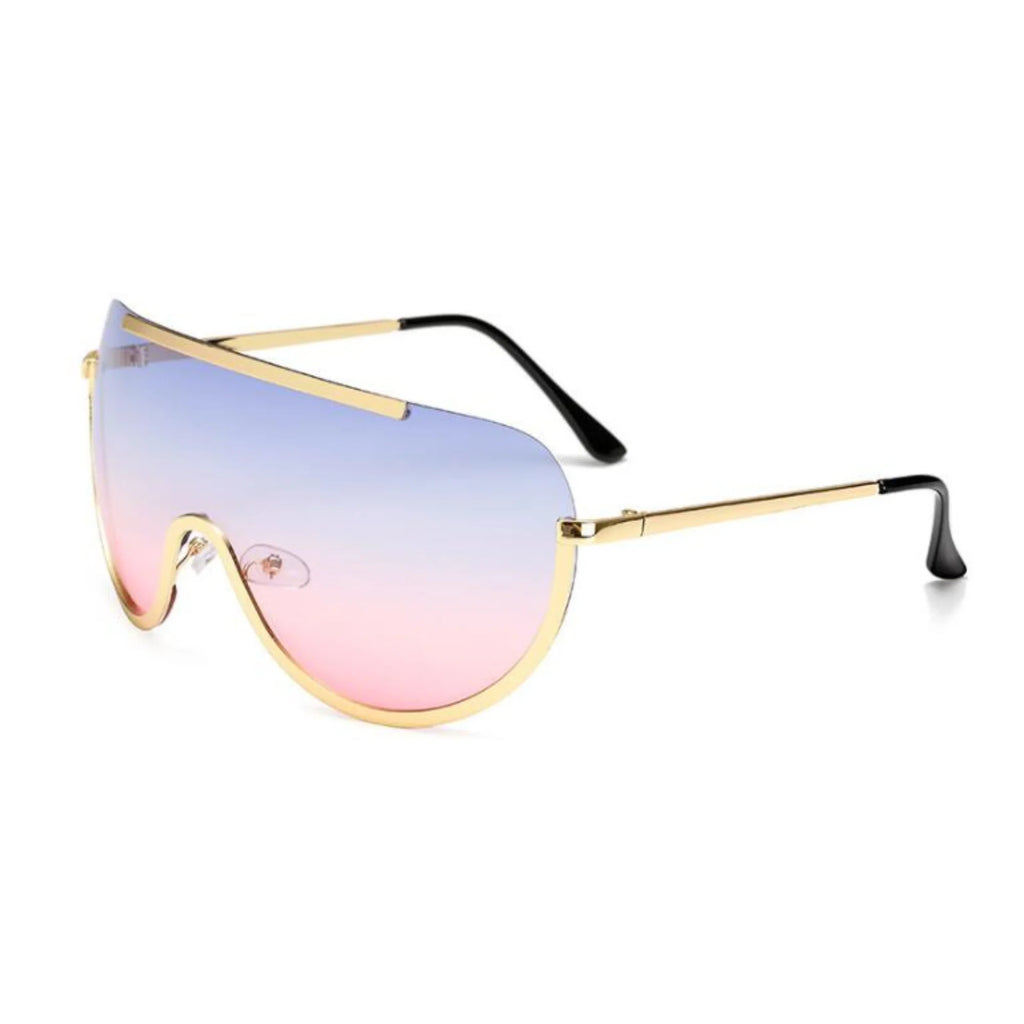 Sonnenbrille mit weichem Verlauf von Blaugrau zu Rosa – visierartige Fläche, rahmenoffen, logofrei