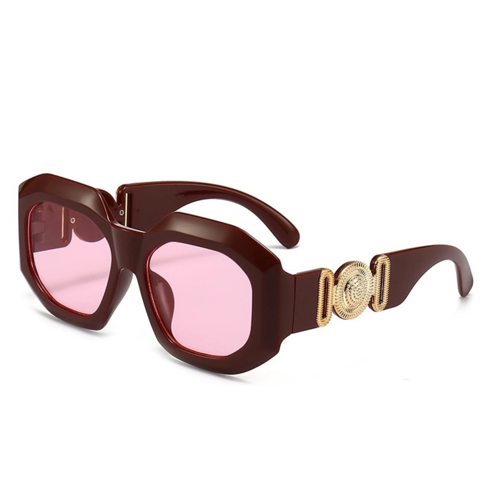 Bordeauxfarbene Sonnenbrille mit rosafarbenen Gläsern – frontal