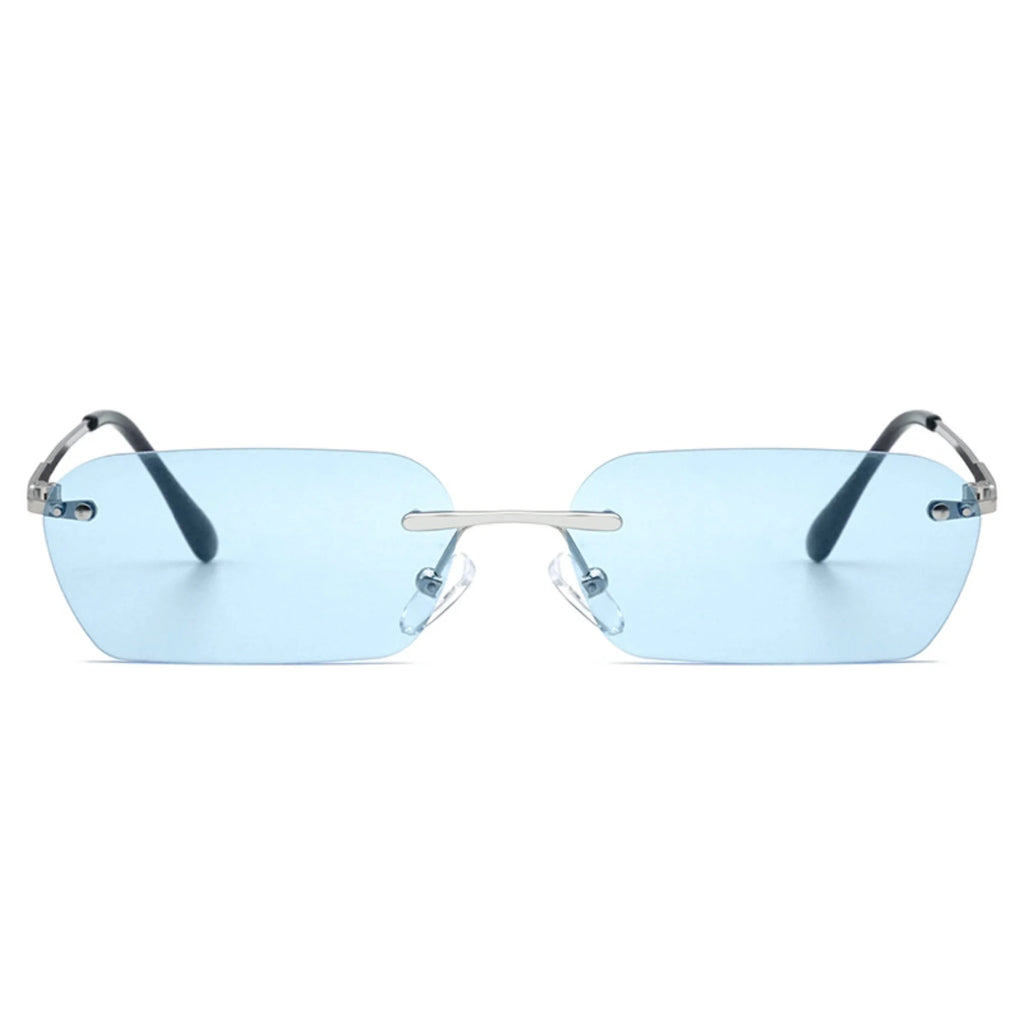 Rechteckige Brille mit eisblauen Gläsern – UV400, silberfarben verbunden, rahmenfrei, logofrei