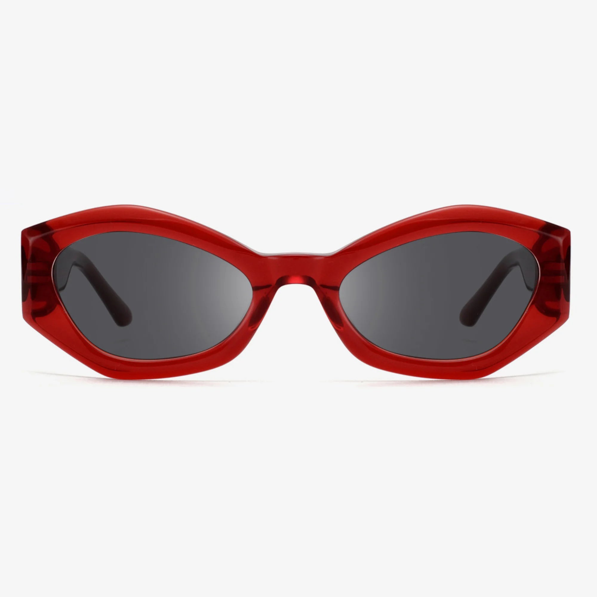 Sonnenbrille mit tiefrotem Glasrahmen – geometrisch, flächig, ohne Gravur oder Logo