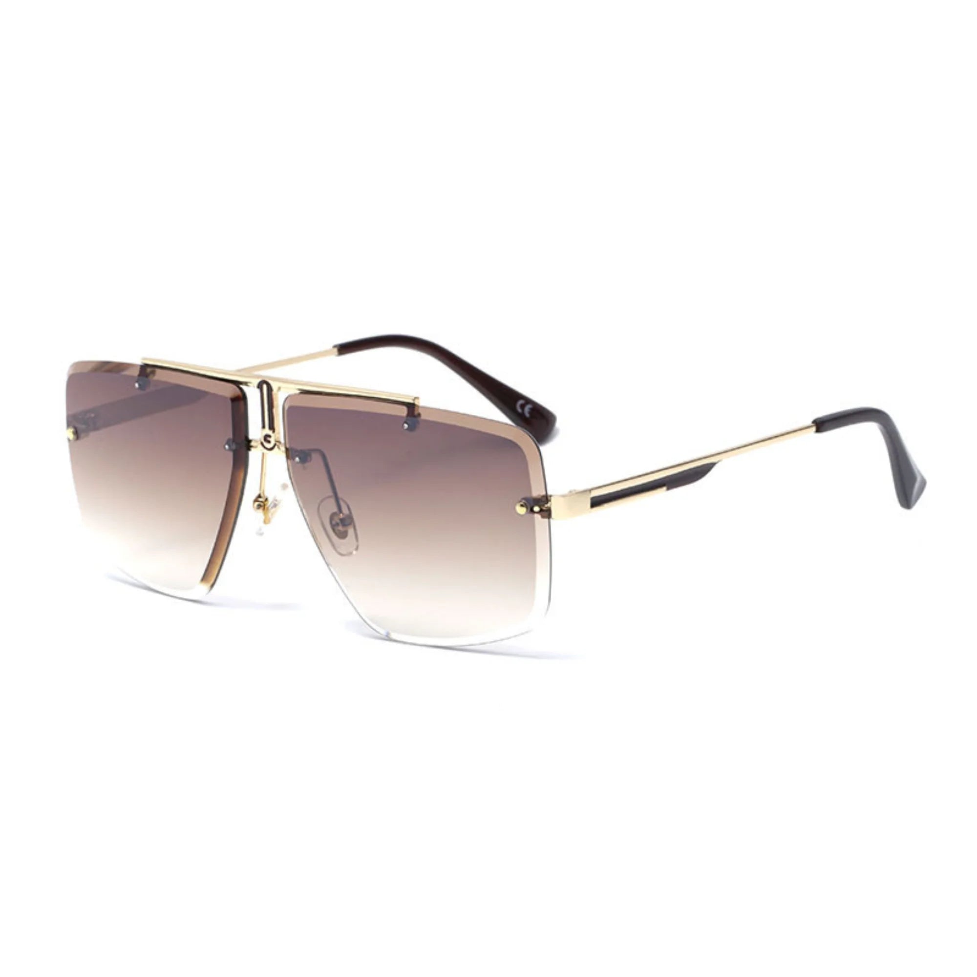 Goldene Sonnenbrille mit braunem Farbverlauf – ruhig geführt, randlos