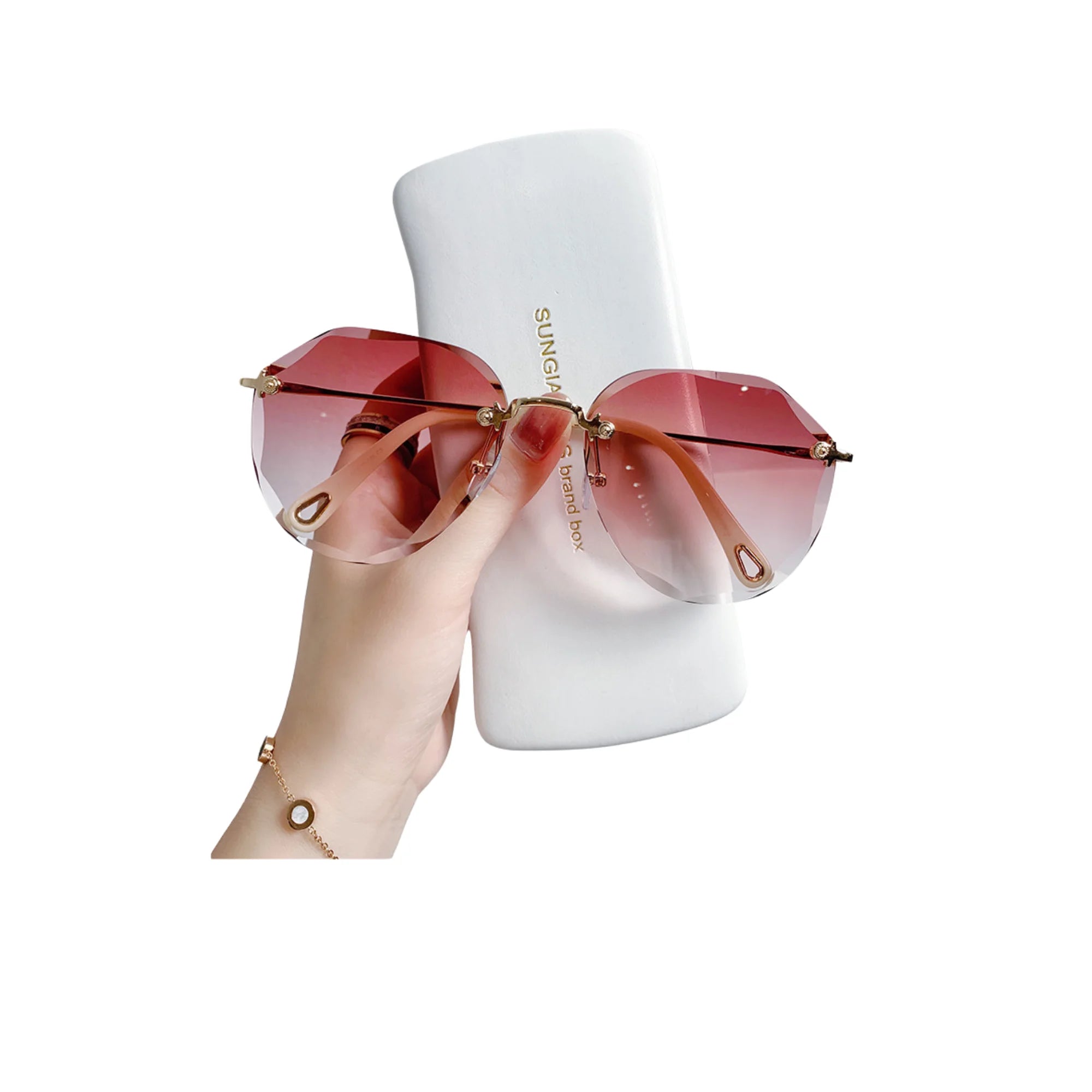 Runde Sonnenbrille mit Tee-Verlauf und goldener Fassung – randloses Design