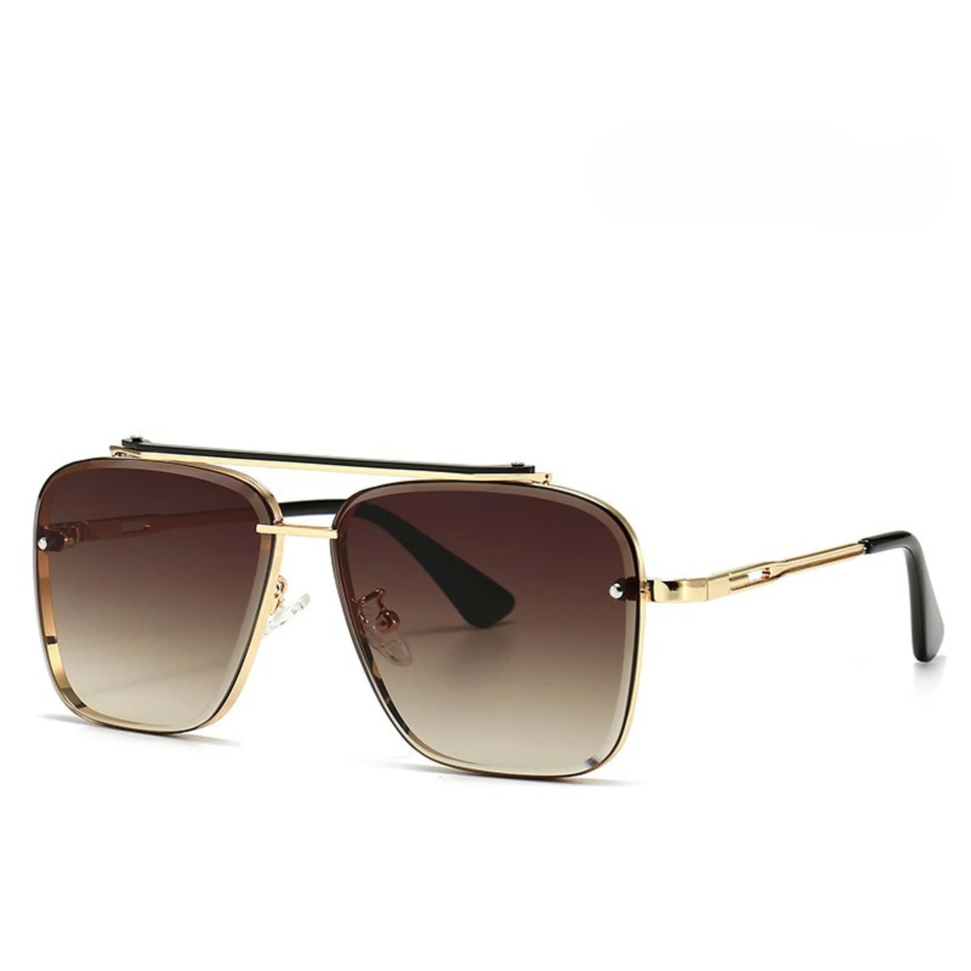 Sonnenbrille mit goldener Fassung und braunem Farbverlauf, kantige Form
