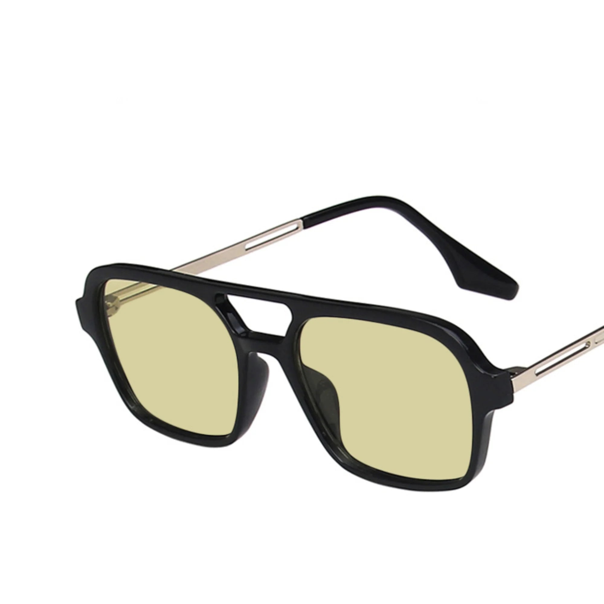 Brille mit gelben Gläsern und schwarzem Rahmen – metallgefasste Bügel, UV400, ohne Markierung