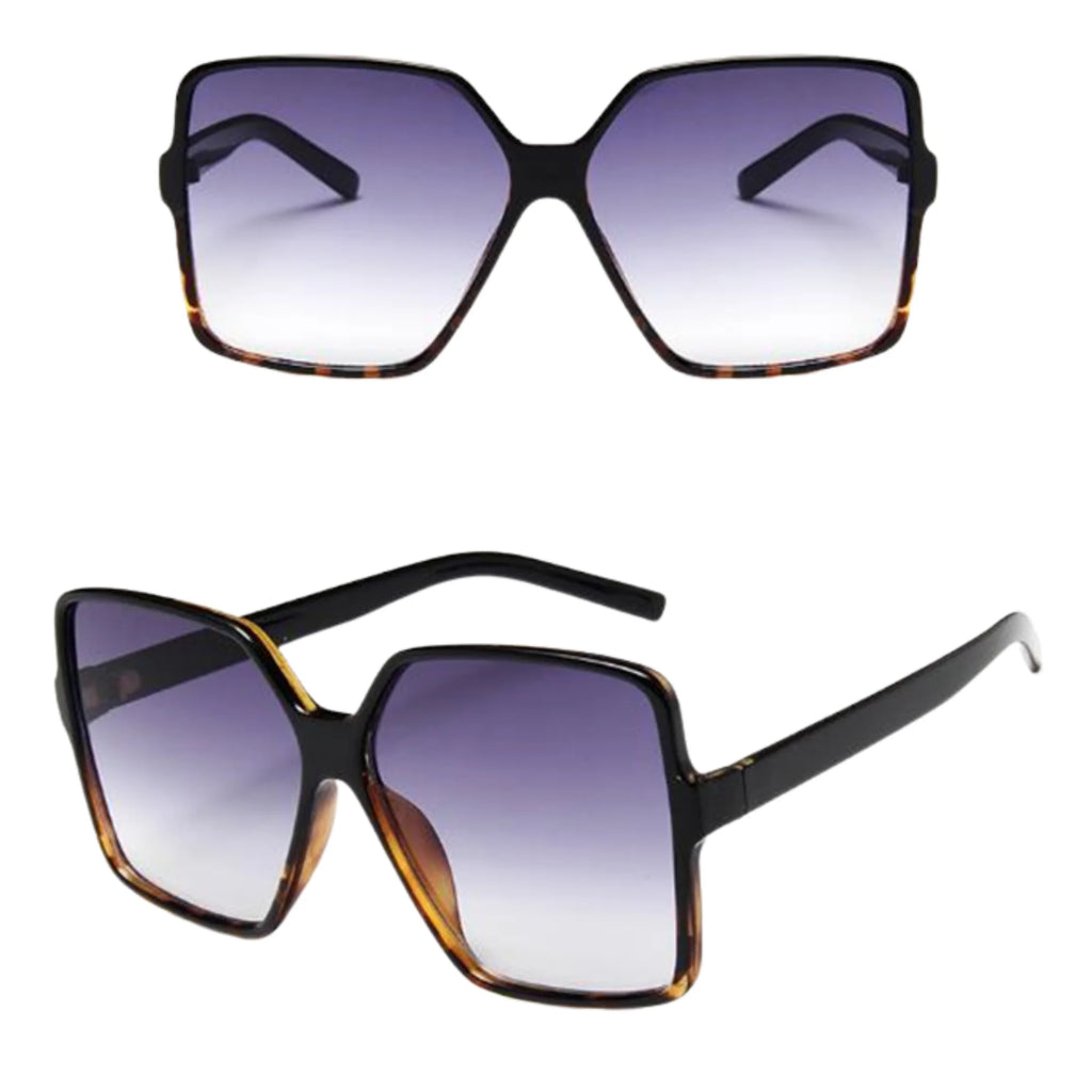Quadratische Sonnenbrille in Schwarz mit Havanna-Akzenten und violettem Farbverlauf – vorne und Seite