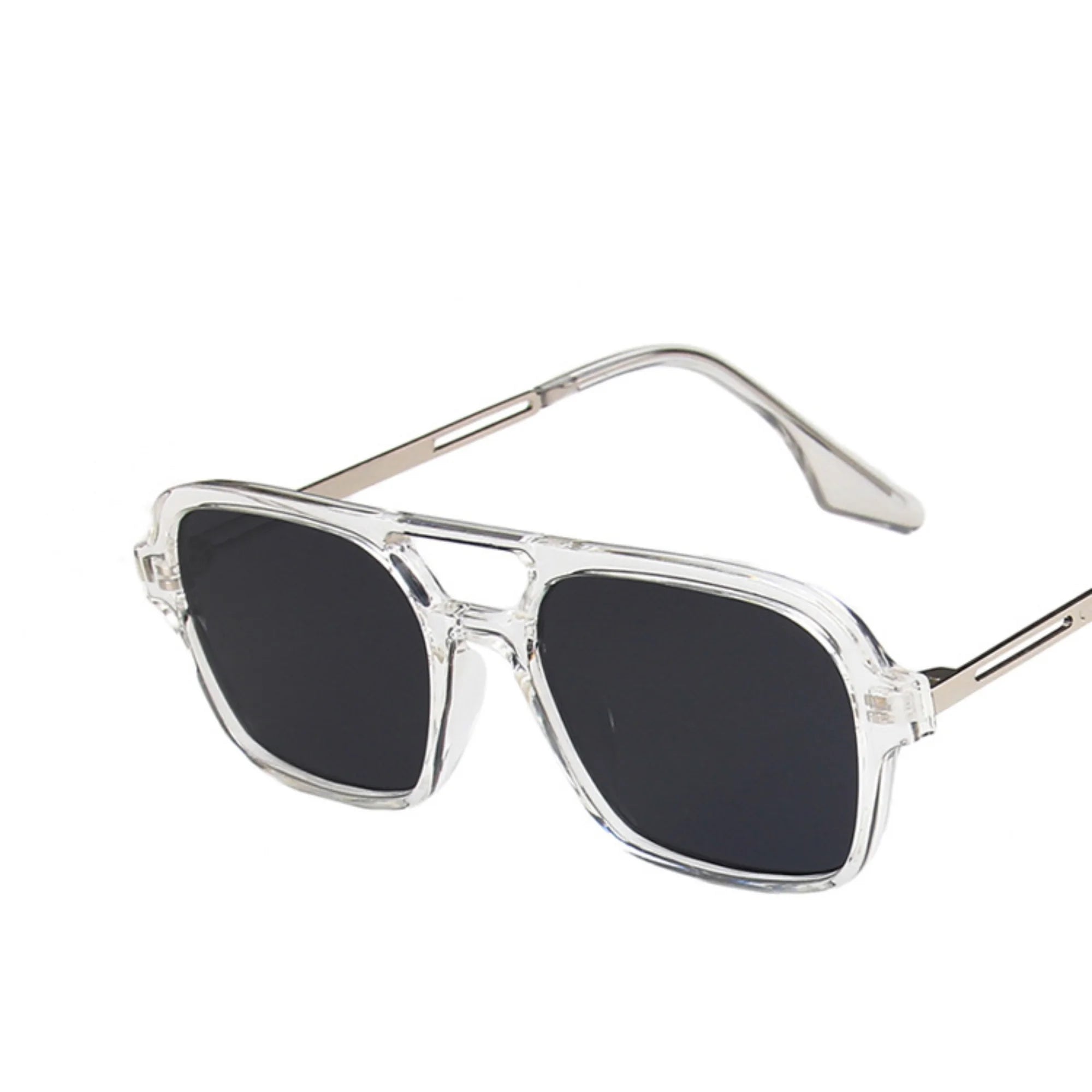 Rechteckige Brille mit transparentem Rahmen und dunklem Glas – UV400, metallgeführt, ohne Symbolik