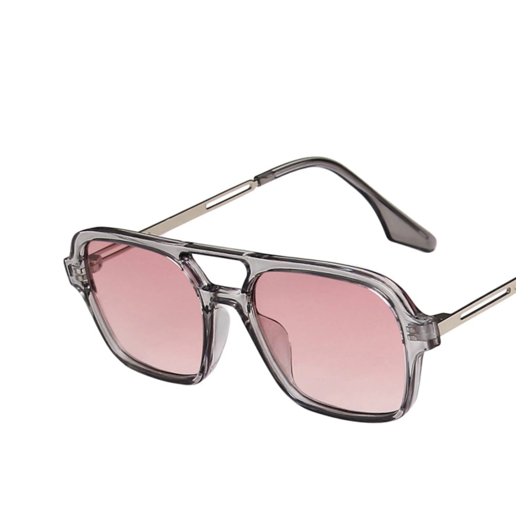 Sonnenbrille mit rechteckigen rosa Gläsern und transparent-grauem Rahmen – goldener Doppelsteg, UV400, ohne Gravur
