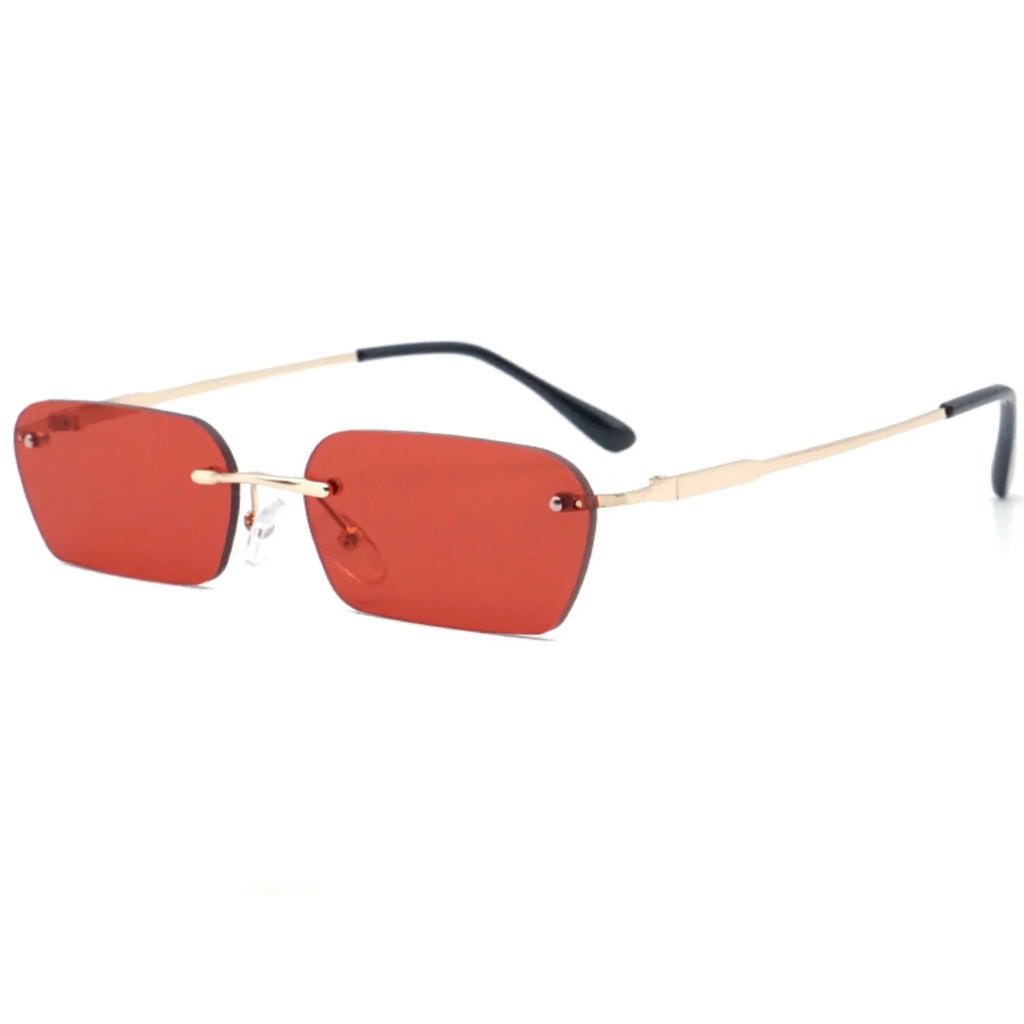 Randlose Sonnenbrille mit klarroten Gläsern – rechteckige Form, goldene Metallführung, ohne Gravur