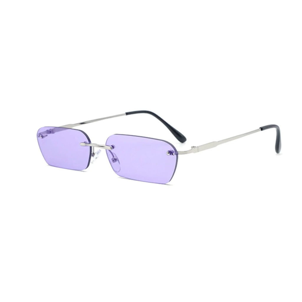 UV400-Brille mit lavendelfarbenen rechteckigen Gläsern – rahmenlos, silbernes Verbindungselement, neutral