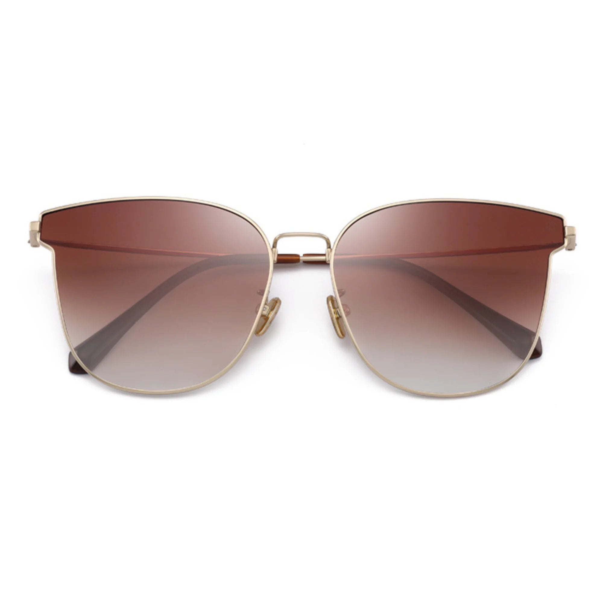 Sonnenbrille in Flügelform mit braunem Verlaufsglas und goldfarbenem Rahmen – ruhig und offen.