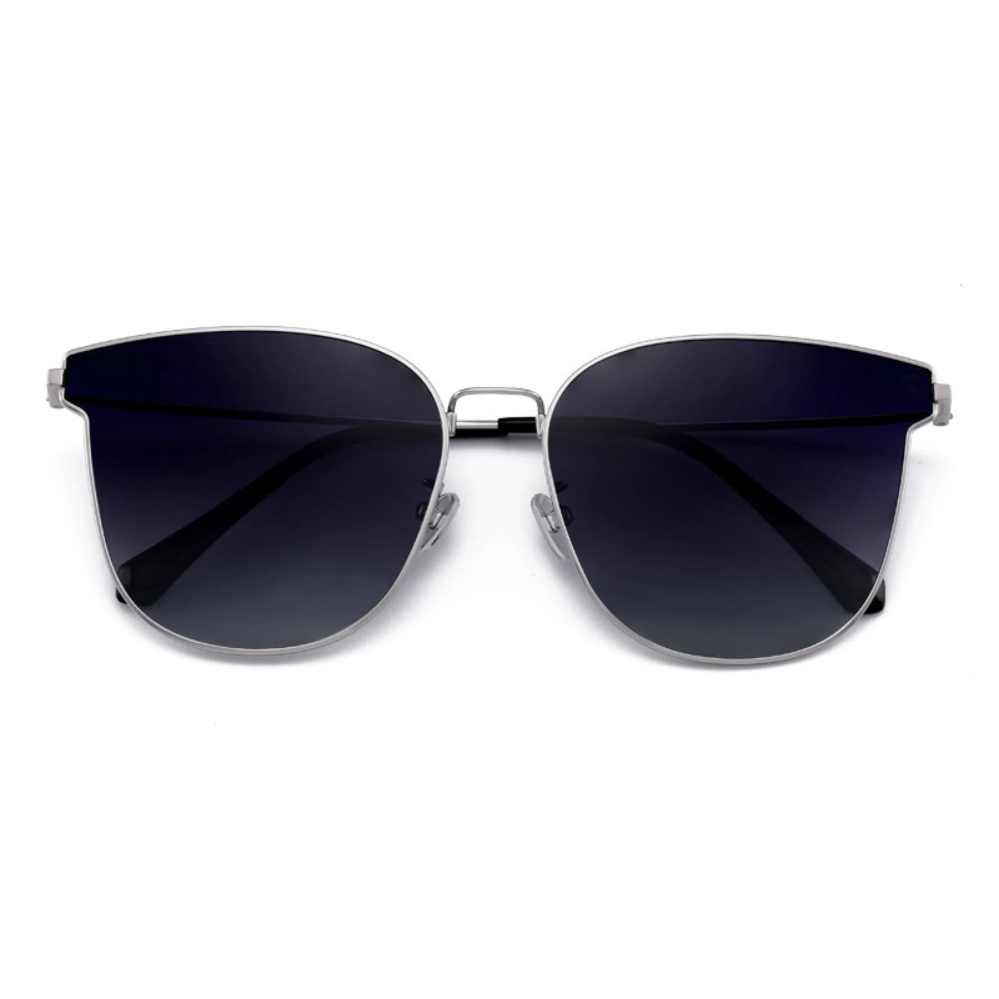 Sonnenbrille in Flügelform mit schwarzem Verlaufsglas und silbernem Rahmen – leicht und neutral.