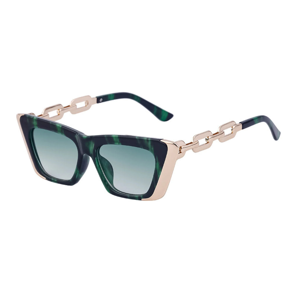 Grün-schwarze Brille in Marmoroptik mit goldener Gliederkante – UV400, verlaufendes Glas