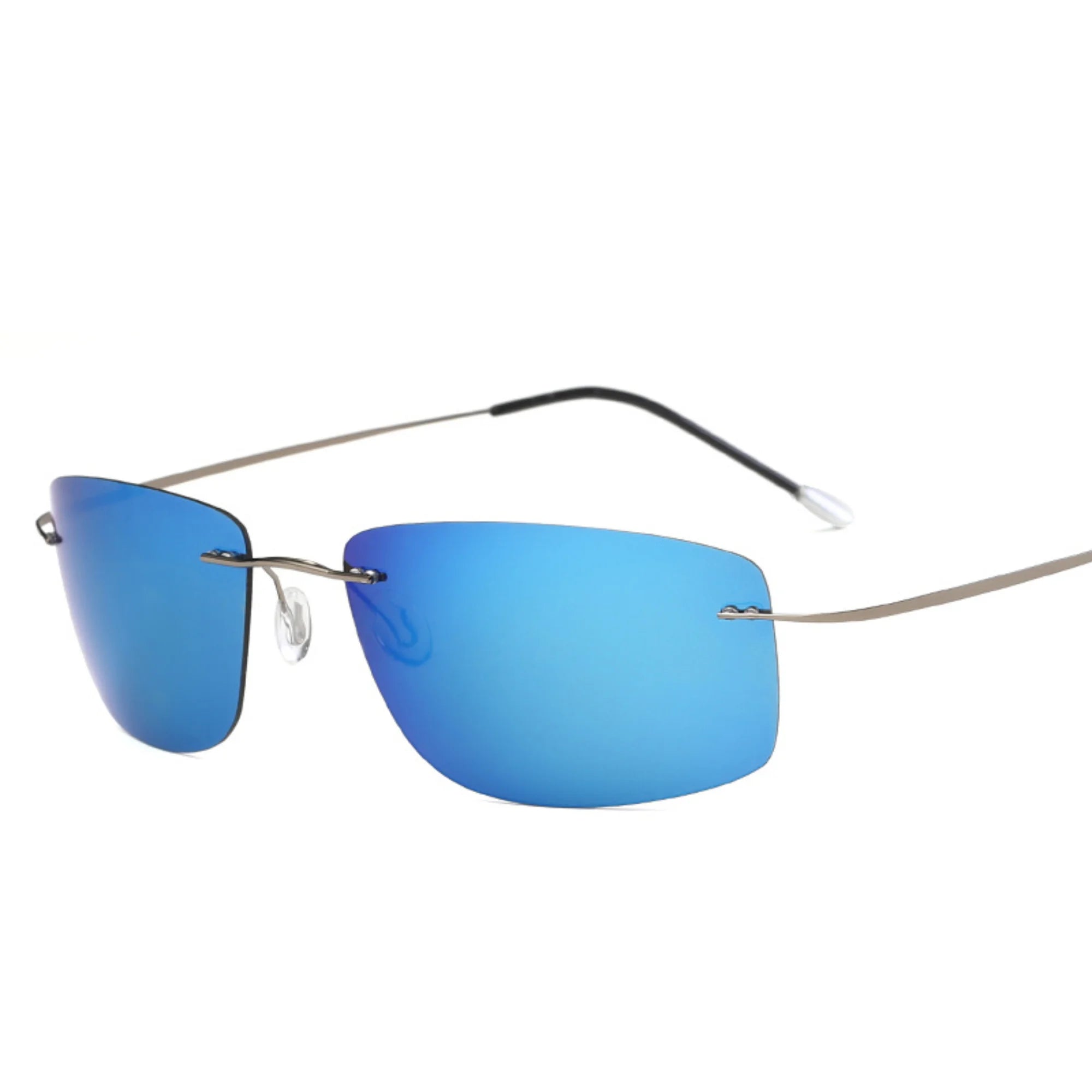 Randlose Sonnenbrille mit hellblau verspiegelten Gläsern und technischer Leichtigkeit