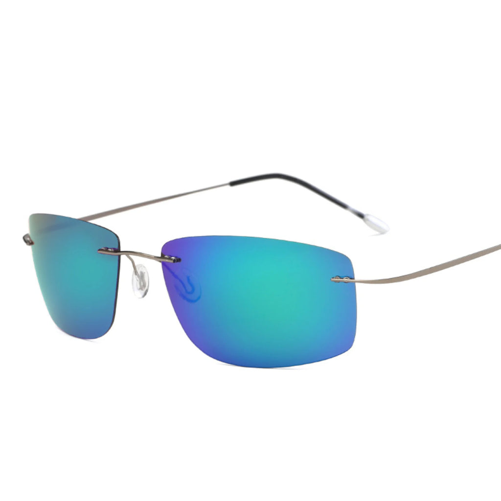 Sonnenbrille ohne Rahmen mit türkis-blauer Spiegelung und klar geführter Linie