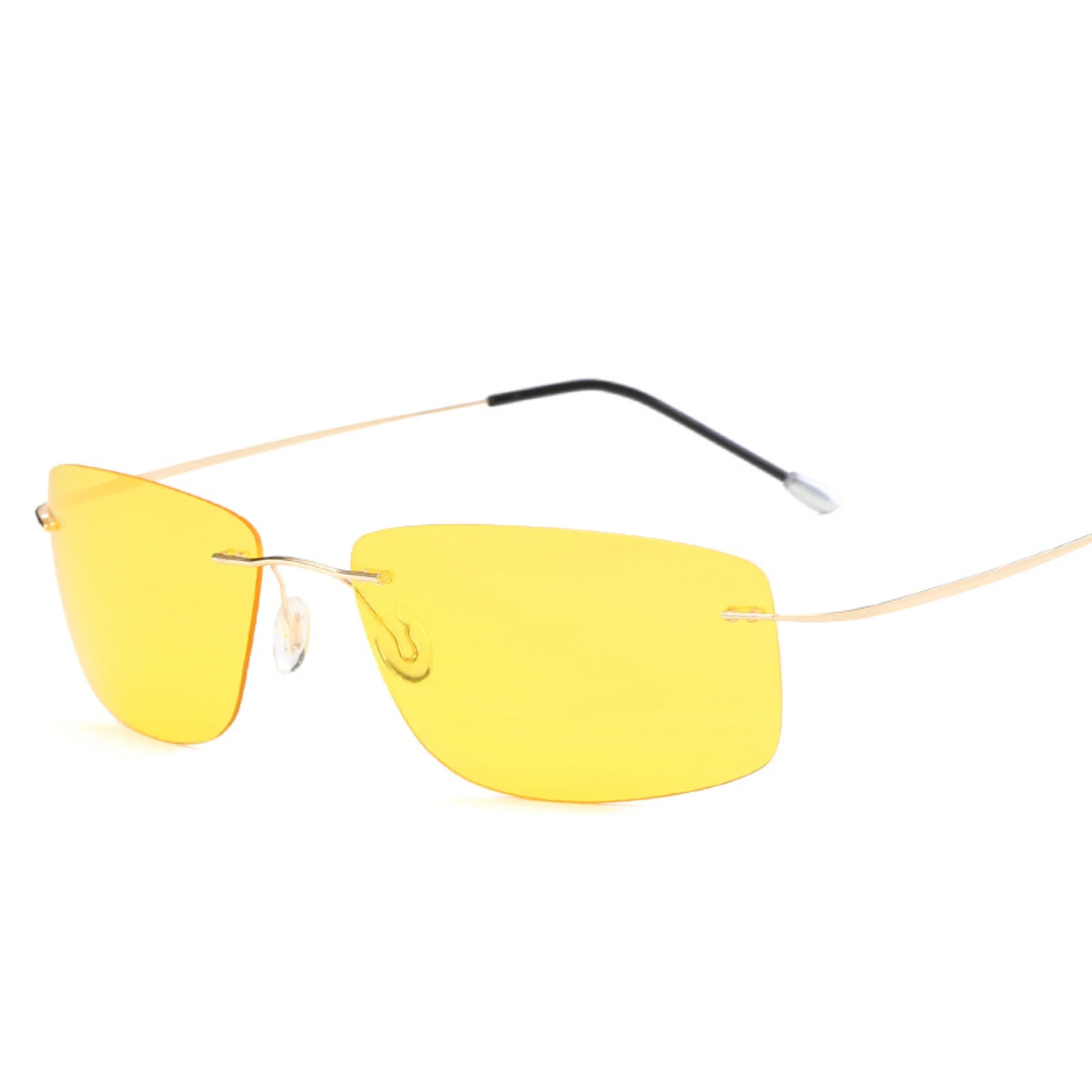 Leicht getönte Sonnenbrille in Gelb mit rahmenloser Optik und klarer Linie