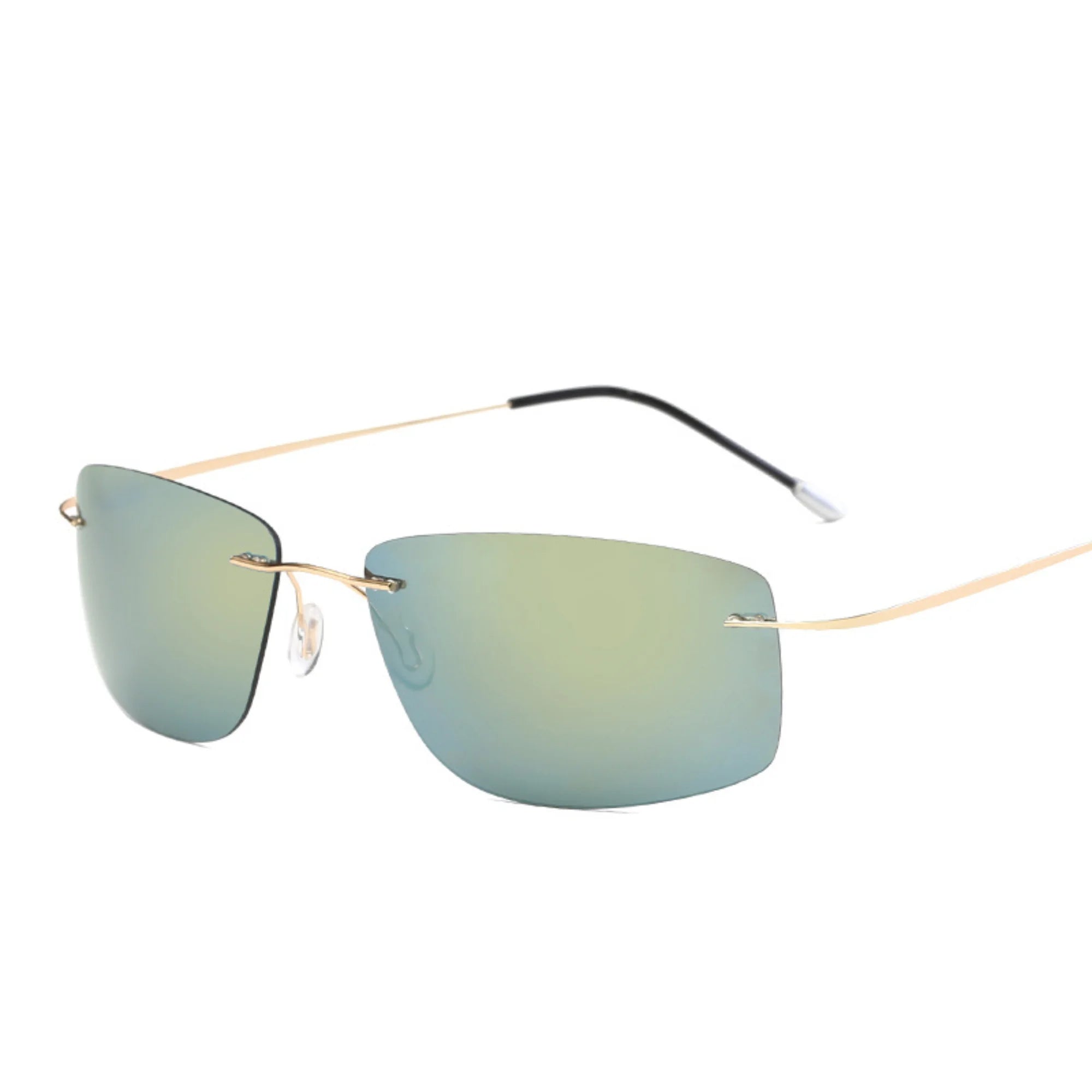 Sonnenbrille mit goldfarbenem Bügel und grün-gold schimmernden Gläsern