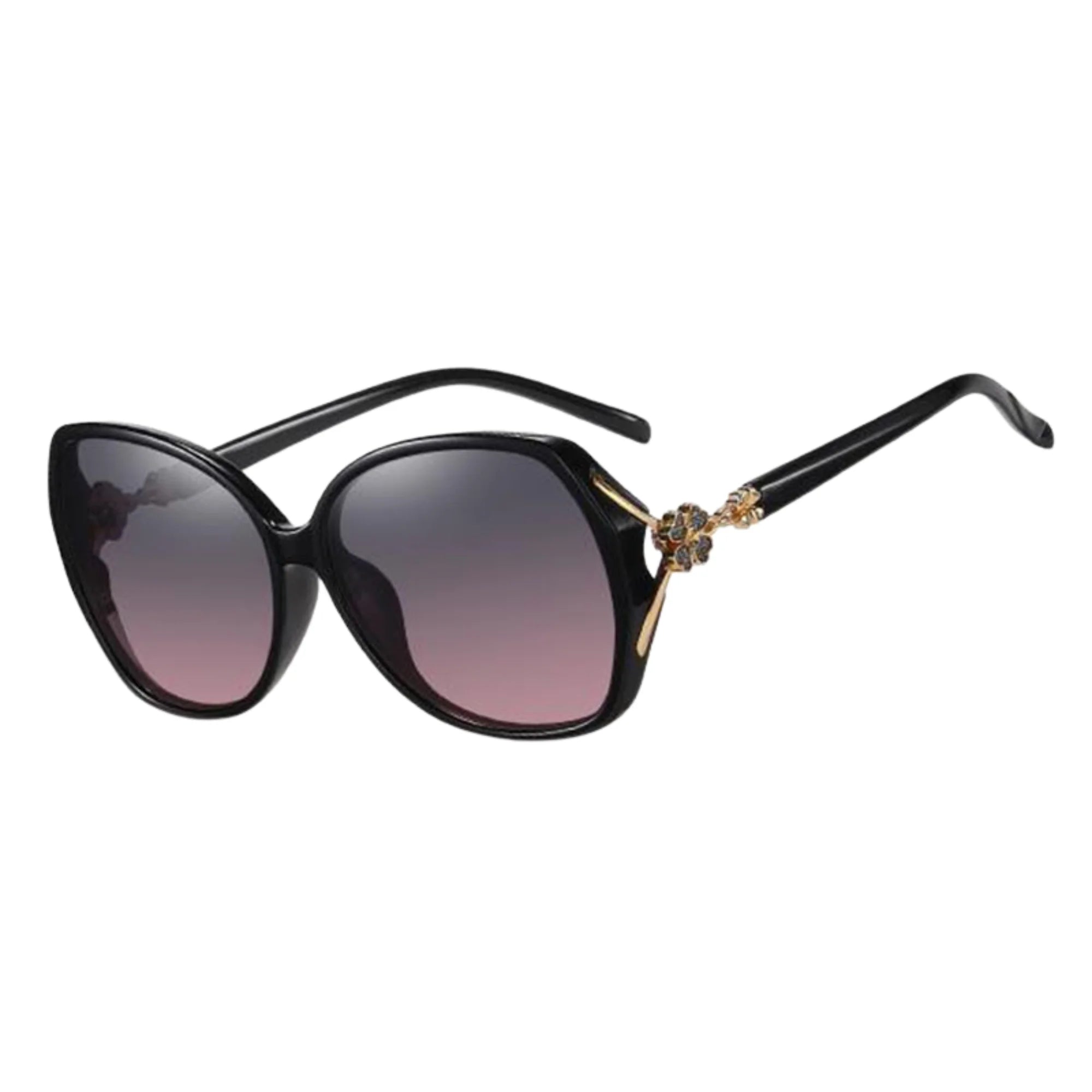 Schwarze Oversize-Sonnenbrille mit weichem Farbverlauf und floralem Bügeldetail.