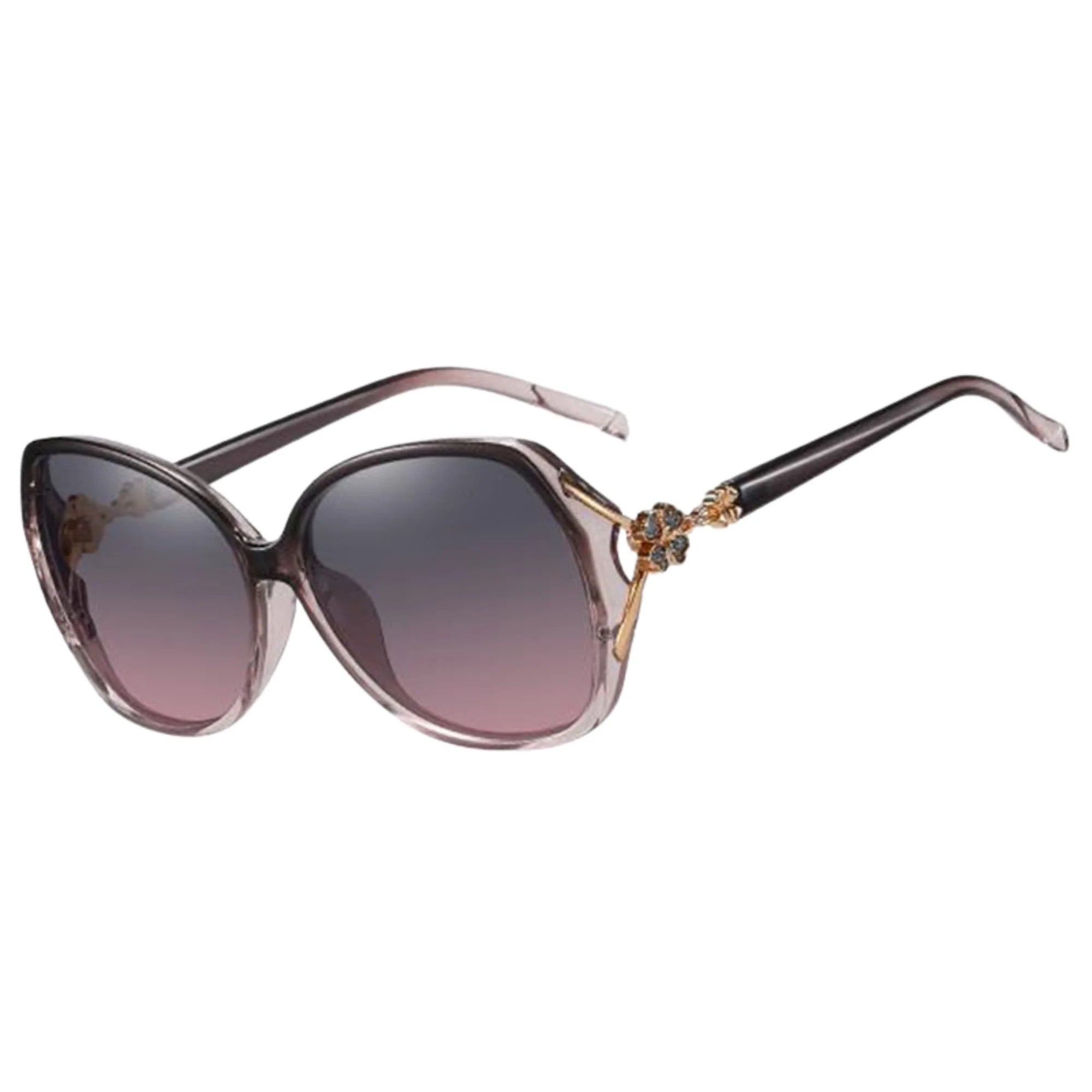 Graue Oversize-Sonnenbrille mit Verlaufsgläsern und goldverziertem Bügel.