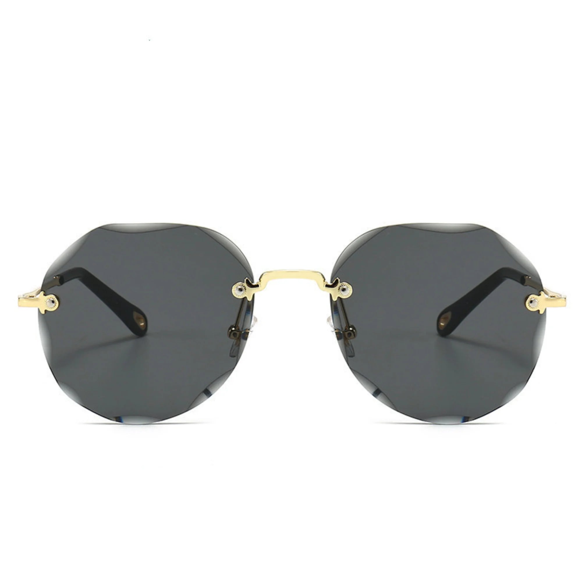 Geometrische Sonnenbrille mit schwarzem Glas und goldfarbener Nasenbrücke – randlos gehalten