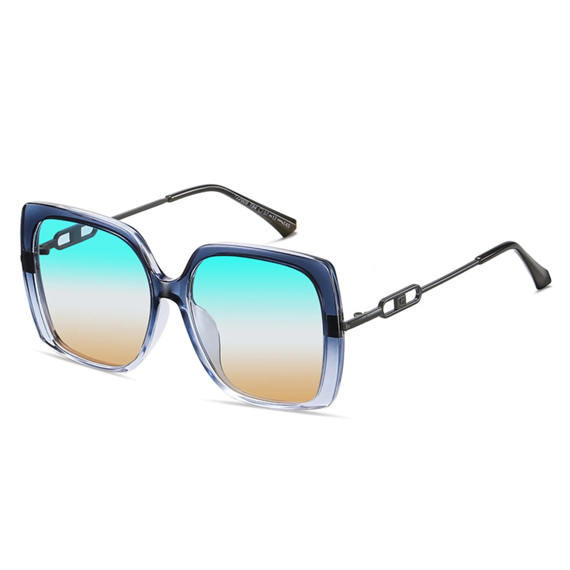 Sonnenbrille mit kantiger Fassung und Farbverlauf von Blau zu Braun.