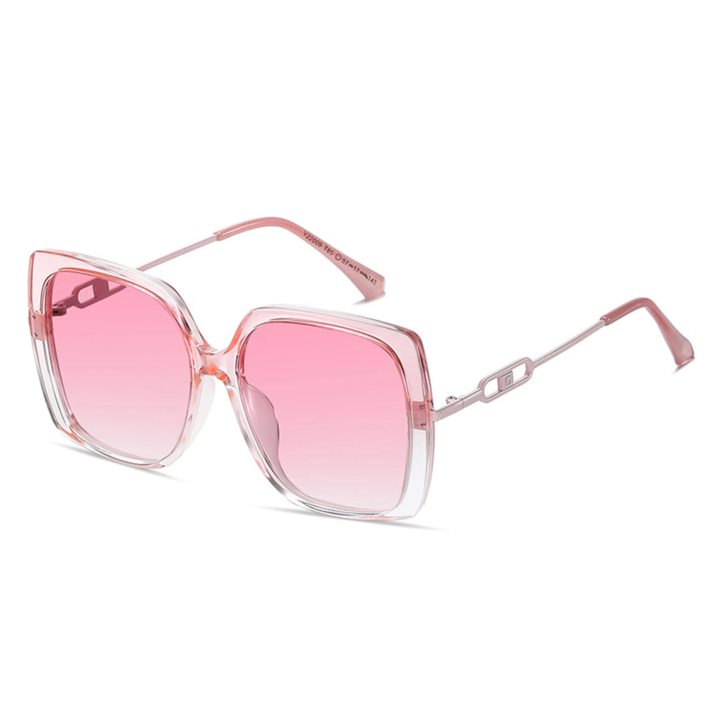 Rosa-transparente Sonnenbrille mit leichtem Verlauf und breiter Fassung.