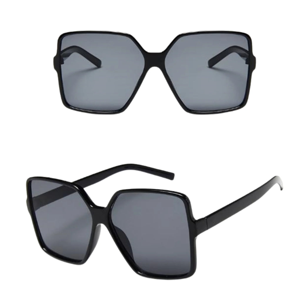 Sonnenbrille in Schwarz mit rechteckigem Design und grauen UV400-Gläsern – doppelte Ansicht