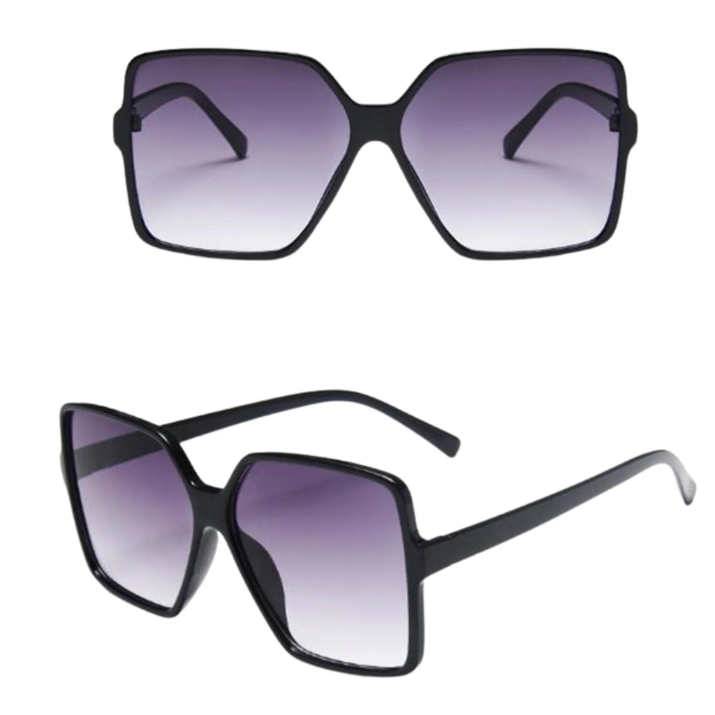 Sonnenbrille in Schwarz mit eckigem Rahmen und lila Verlaufsgläsern – frontal und seitlich