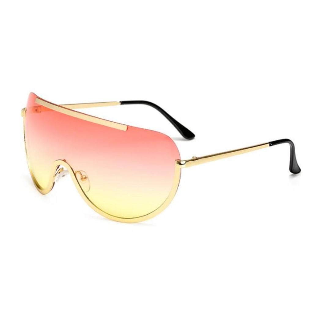 Schildbrille mit Verlauf von Rosé zu Gelb – glatt geführt, goldener Bügel, ohne Branding