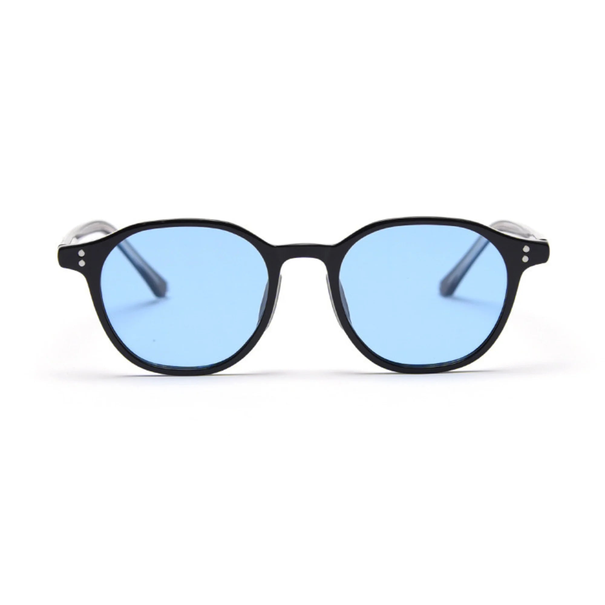 Runde Sonnenbrille mit blauen Gläsern und schwarzem Rahmen – UV400 geprüft