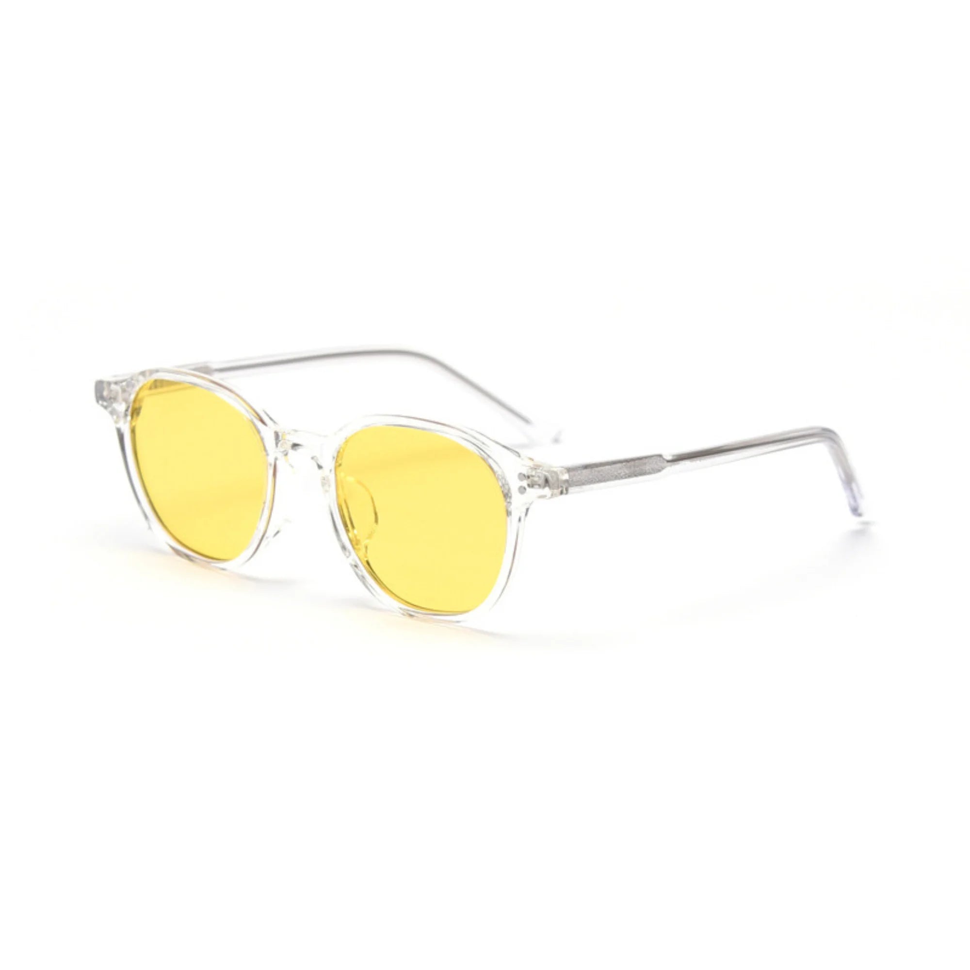 Sonnenbrille mit transparentem Rahmen und gelben Gläsern – technisch klar