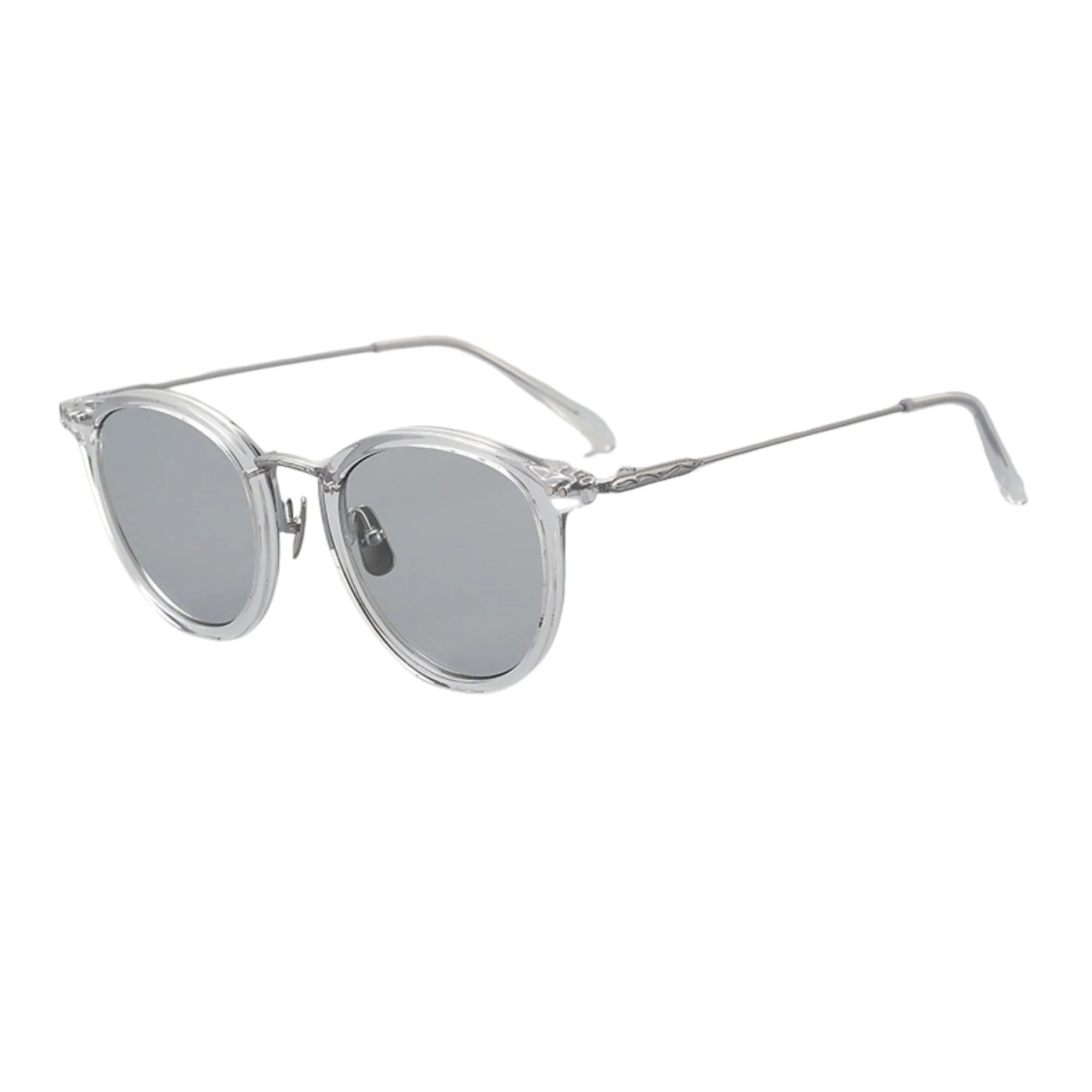 Runde Sonnenbrille mit vollkommen klarem Rahmen – keine Farbe, keine Szene
