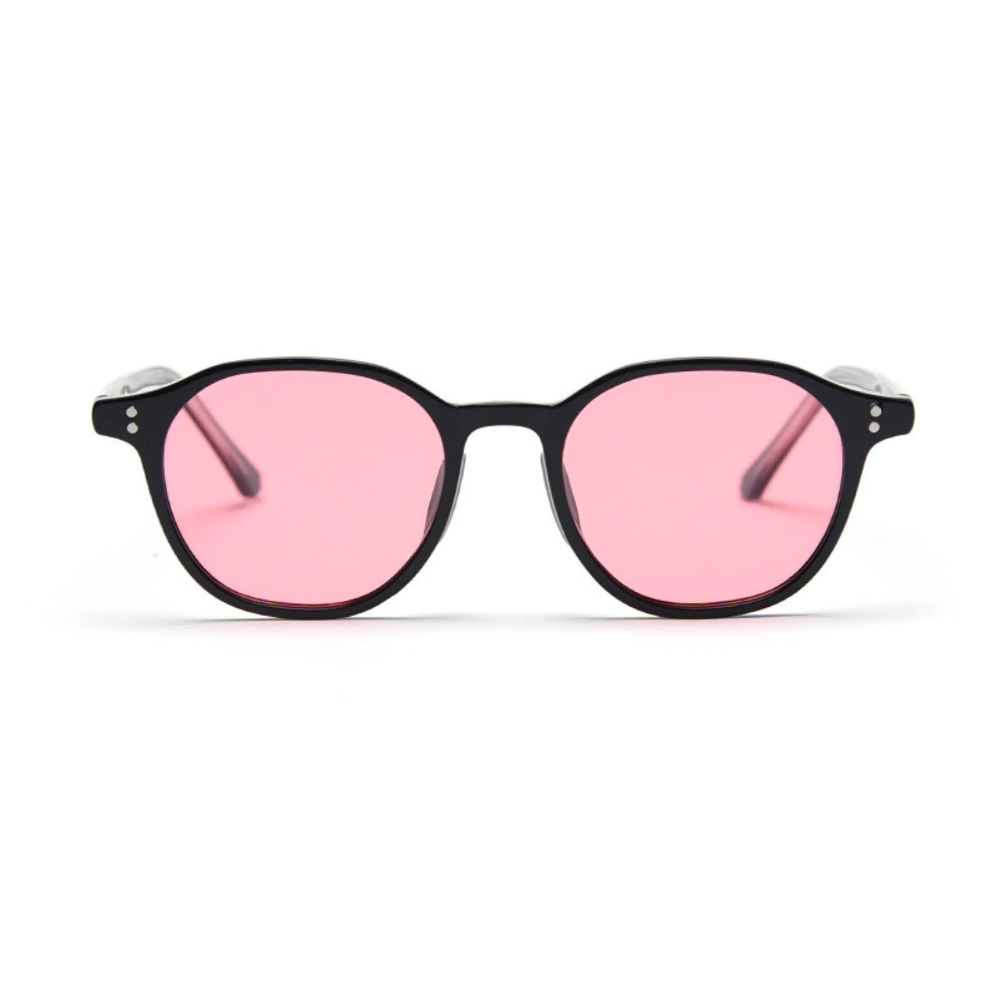 Runde Sonnenbrille mit rosafarbenen Gläsern und schwarzer Fassung