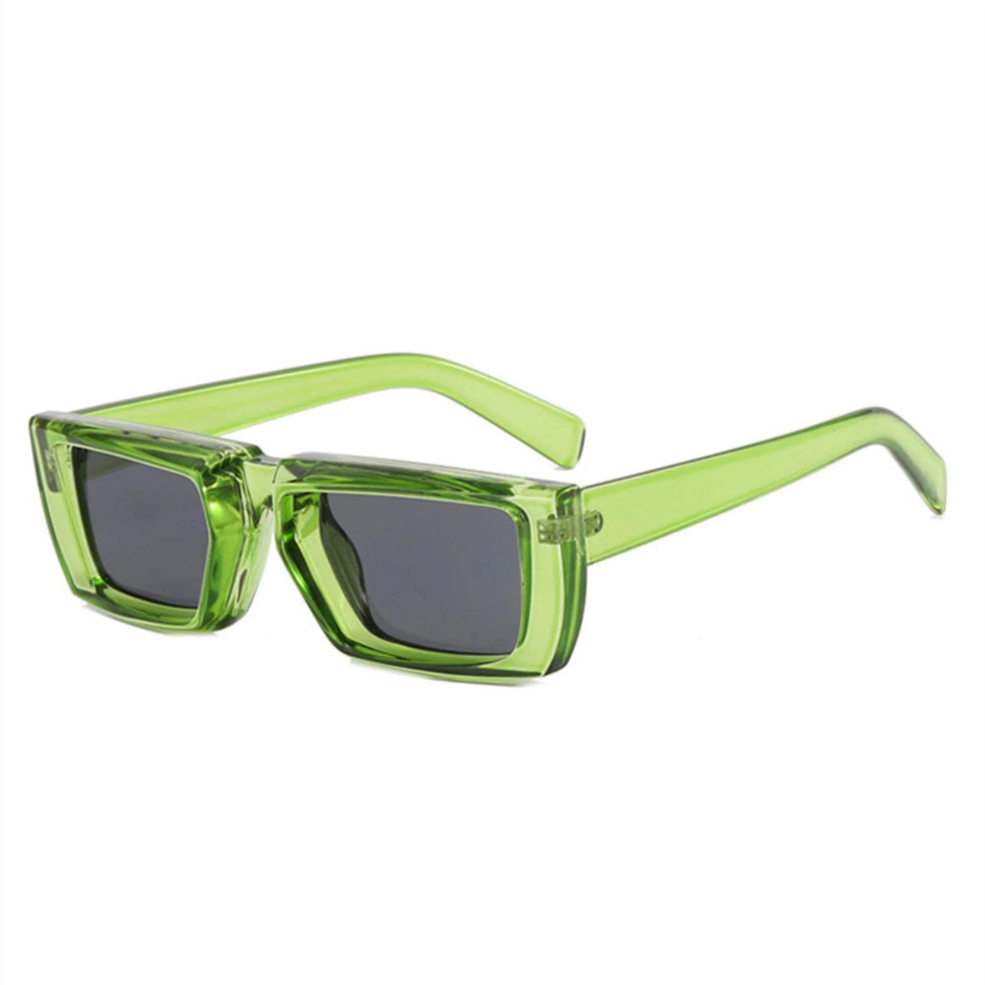 Kantige Sonnenbrille in Salbei mit dunklen UV400 Gläsern – technisch, logofrei, rechteckig