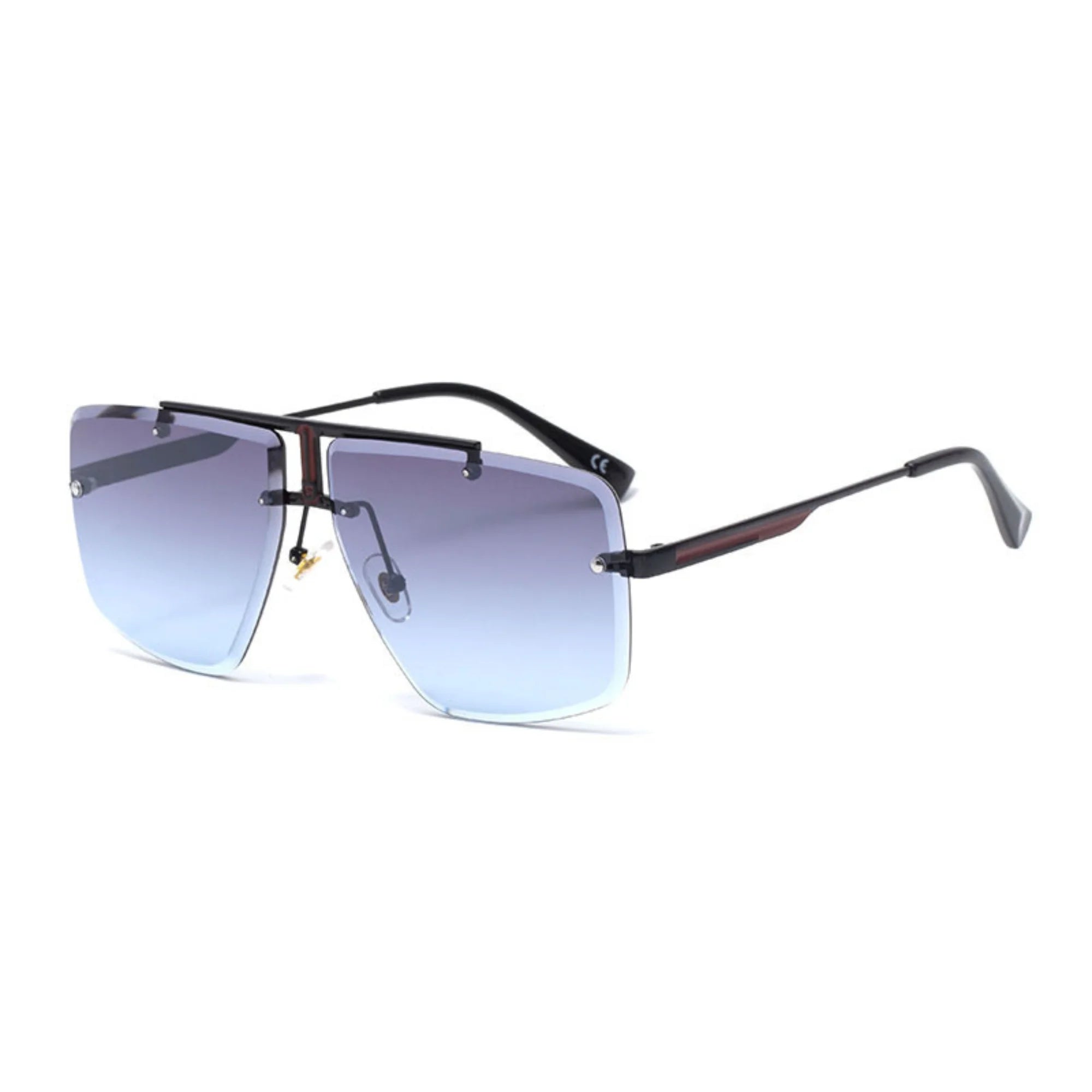 Randlose Sonnenbrille mit schwarzem Bügel und blauem Verlauf – technisch, ohne Gravur